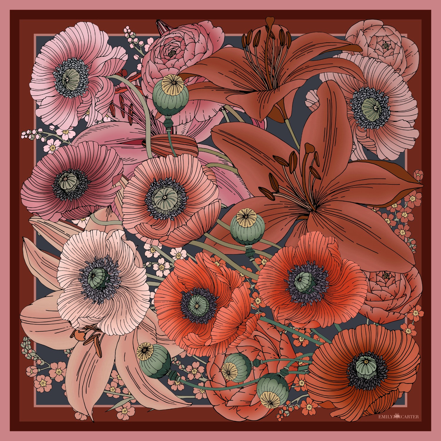 Emily Carter Women's Red The Lily & Poppy Silk Scarf