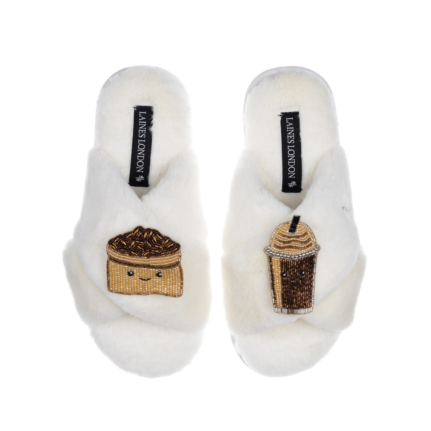 Laines London Women's White Classic Slippers With Laines Loveables Coffee Beans & Frappe Brooches - Cream In White