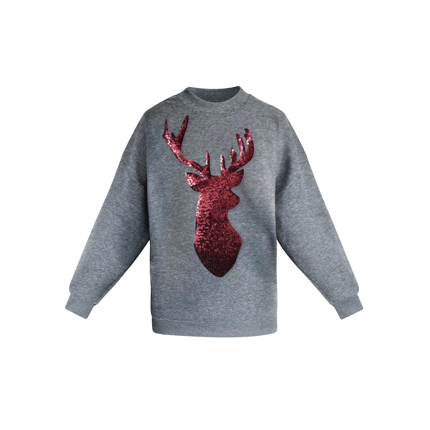 Toma Women's Red Reindeer Christmas Sequin Grey Sweatshirt In Gray