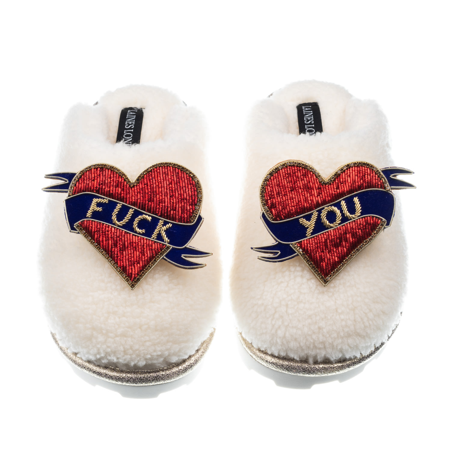 Laines London Women's White Teddy Closed Toe Slippers With Fuck You Brooches - Cream In White