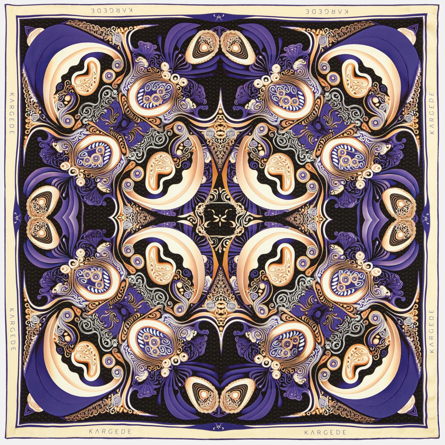 Kargede Women's Black Designer Silk Scarf – Gold & Purple, Square Art In Black