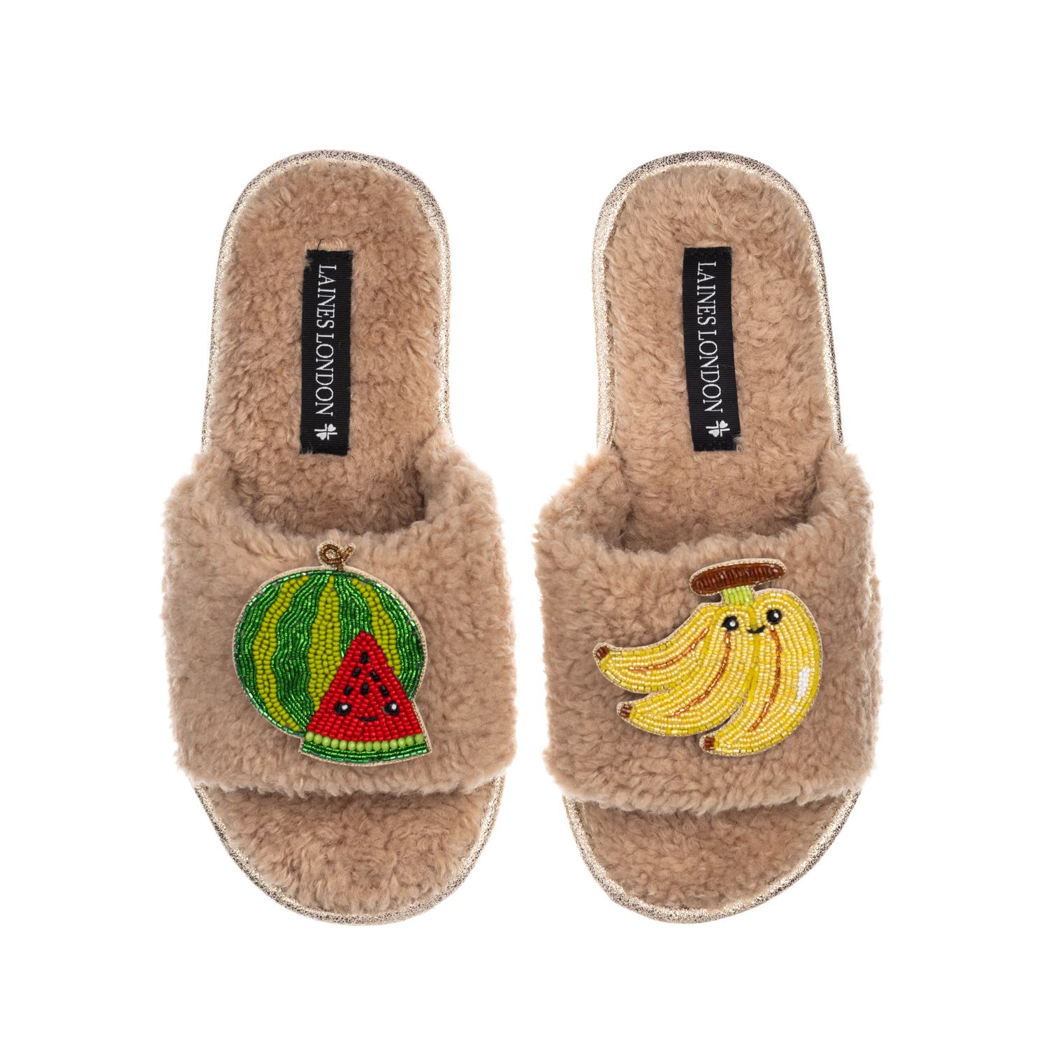 Laines London Women's Brown Teddy Slider Slippers With Laines Loveables Watermelon & Banana Brooches - Toffee In Brown