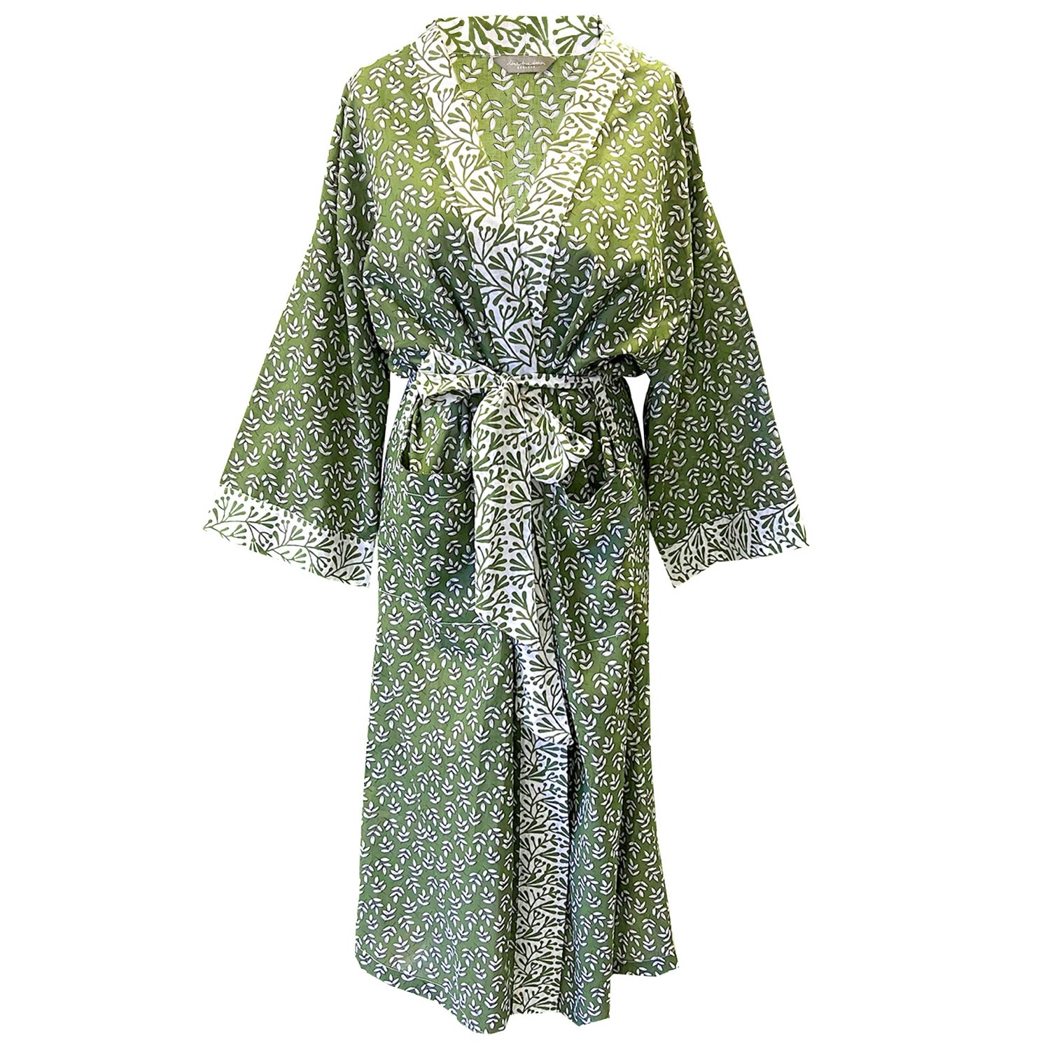 Lime Tree Design Women's Green Leaf Cotton Full Length Kimono