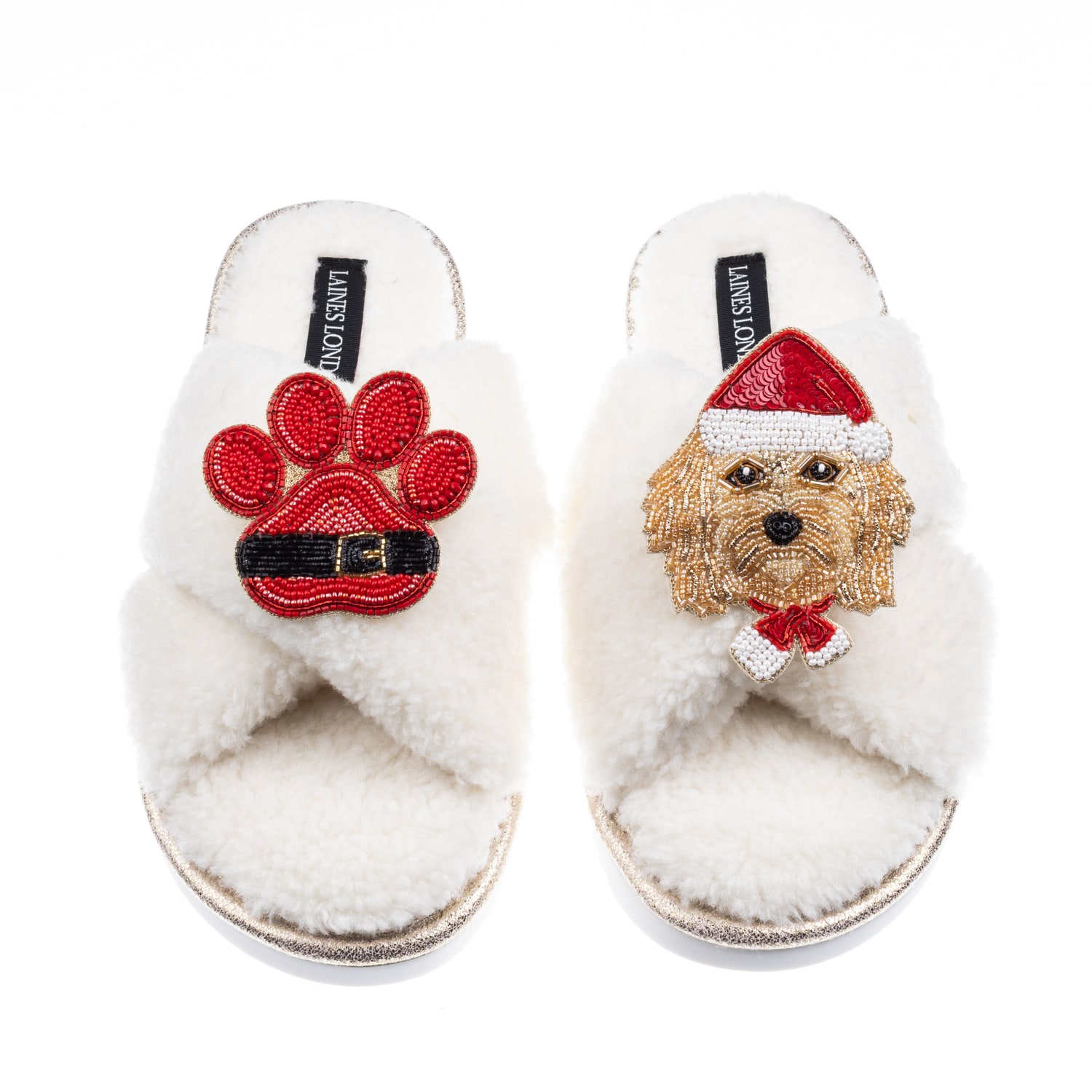 Laines London Women's Neutrals / White Laines Boucle Slippers With Christmas Golden Cavapoo & Paw Brooches - Cream In White