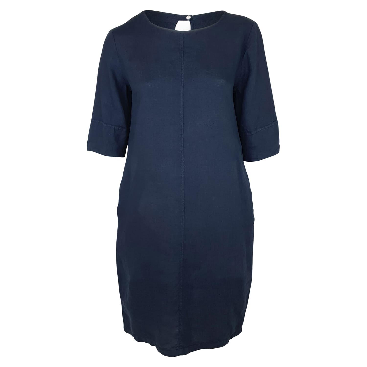 Haris Cotton Women's Keyhole Neckline Midi Linen Dress With 3/4 Sleeve Blue Marine In Blue