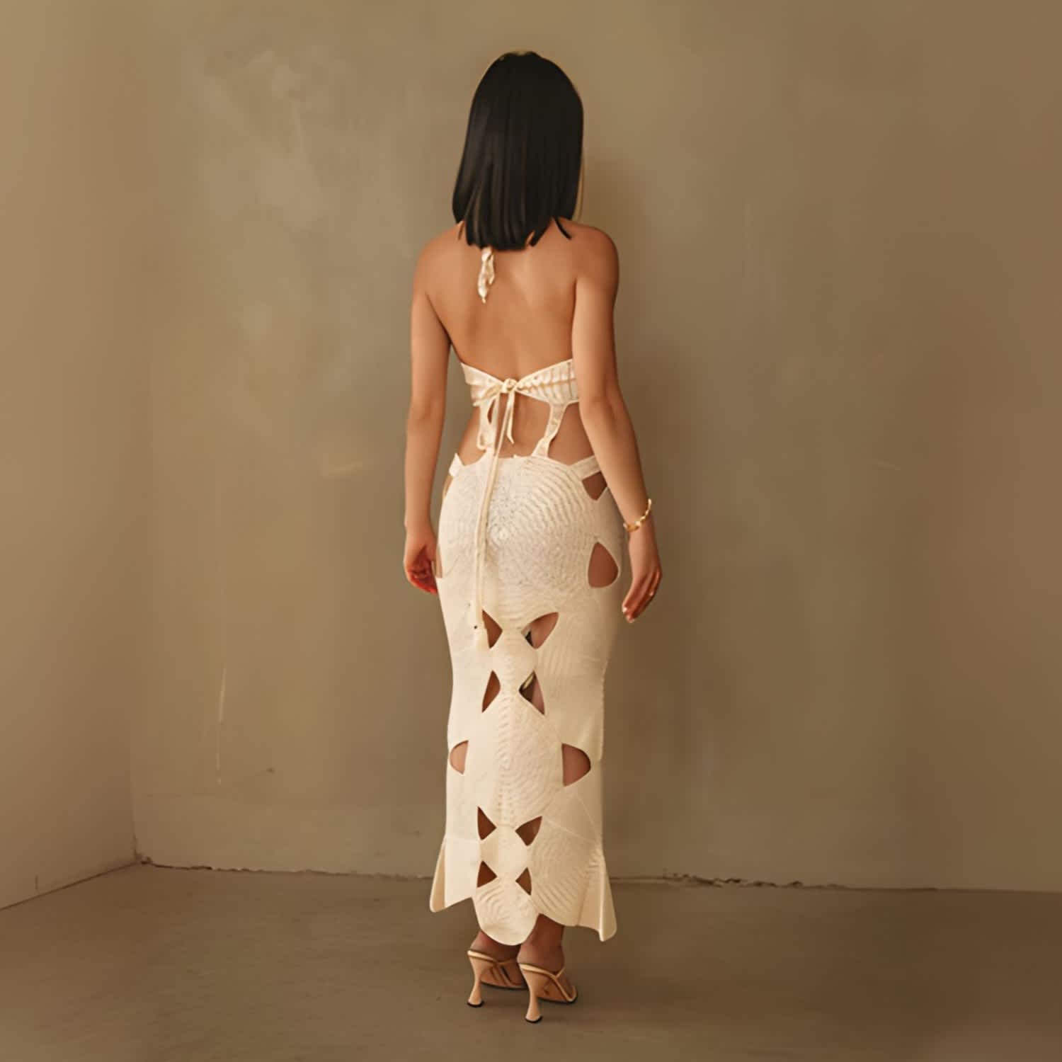 brown and white crochet dress Morgan Brown Satin Corset Maxi Dress – Club L London main image 1