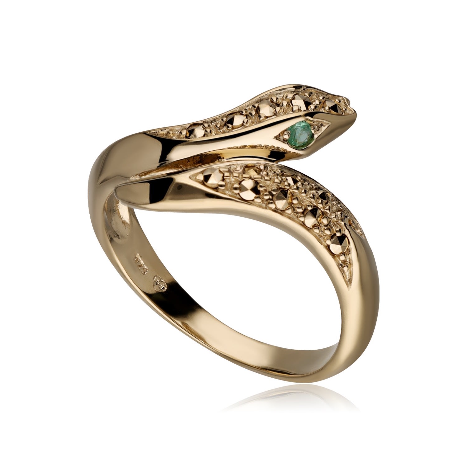 Women’s Gold Plated Emerald Eye Marcasite Snake Ring Gemondo