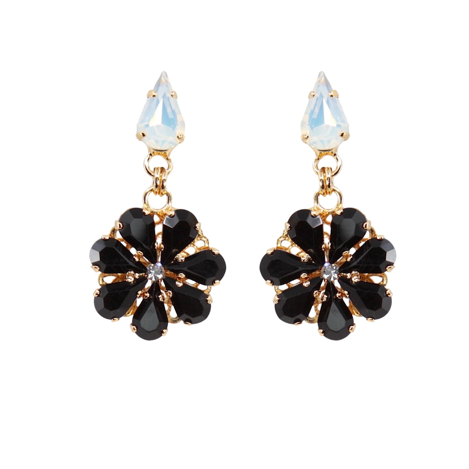Damapreziosa Women's Black / White Daisy Pendant Earrings With Crystal Drops In Onyx And Opal Colours. In Multi