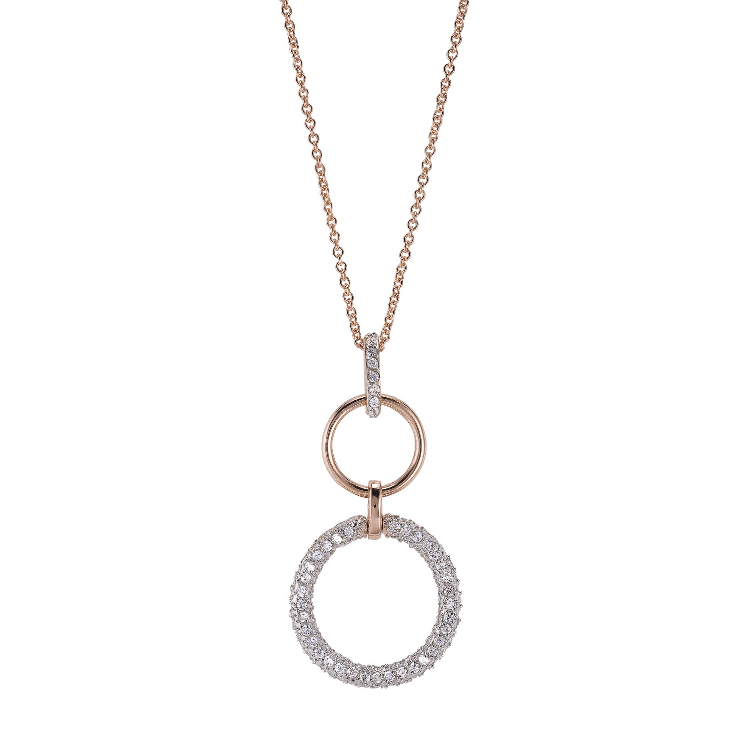 Genevive Jewelry Women's White / Rose Gold Sterling Silver Rose Overlay Cubic Zirconia Double Open Circles Necklace In Multi