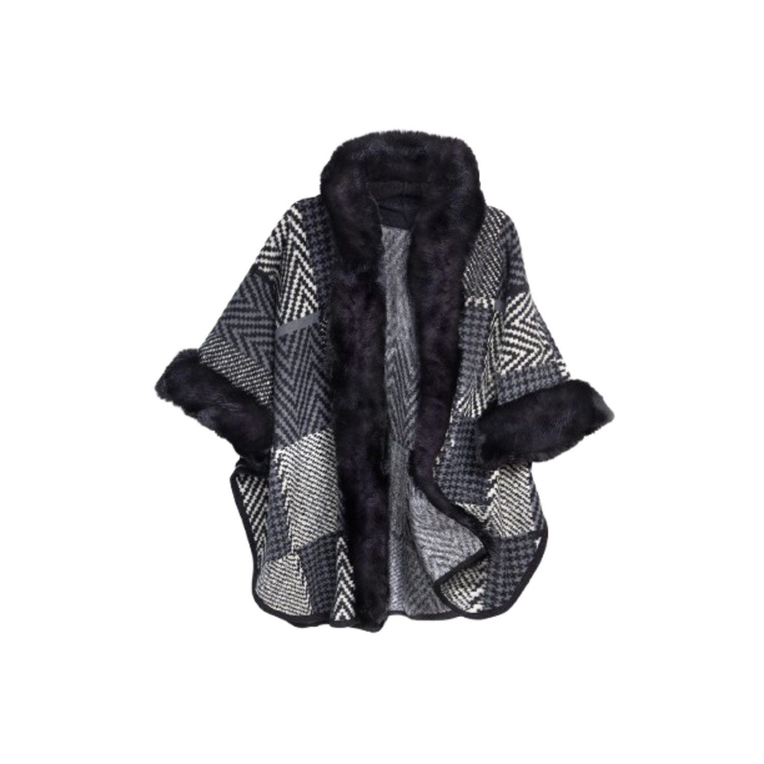 Women's Black Kimono Faux Fur Geometric Pattern | One Size | Saachi