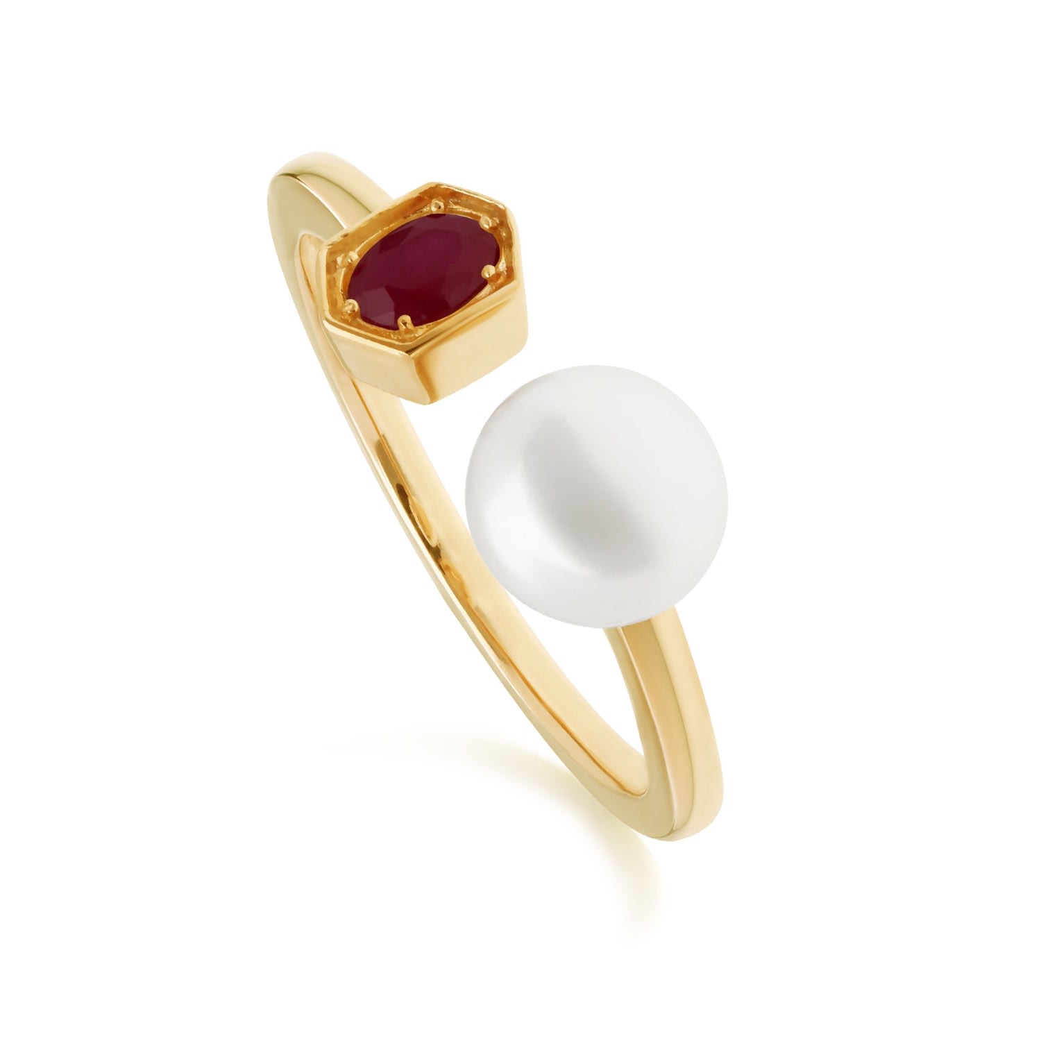 Women’s Red Modern Pearl & Ruby Open Ring In Gold Plated Silver Gemondo