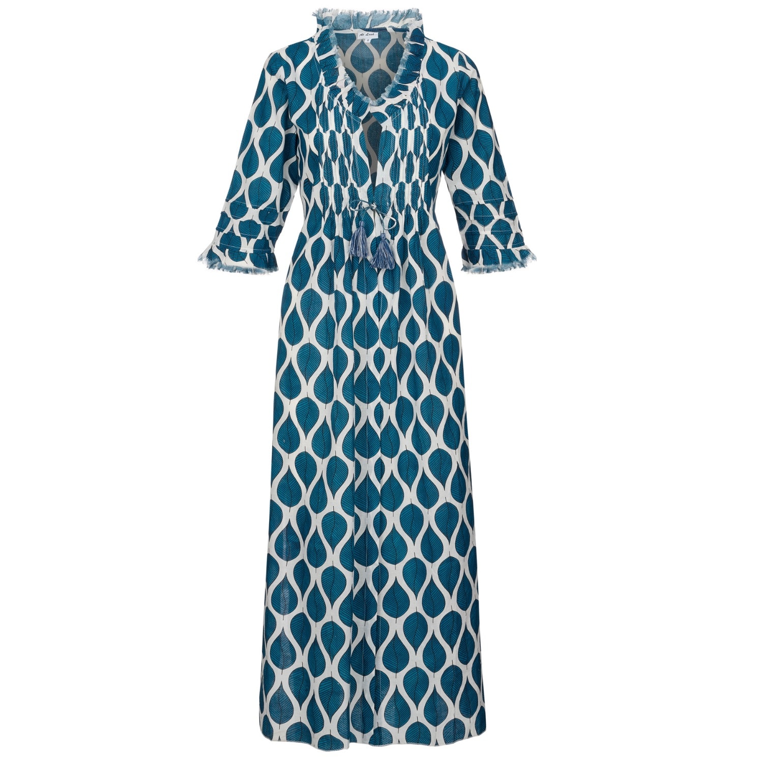 At Last... Women's Blue / White Cotton Annabel Maxi Coat In Blue Leaf In Blue/white