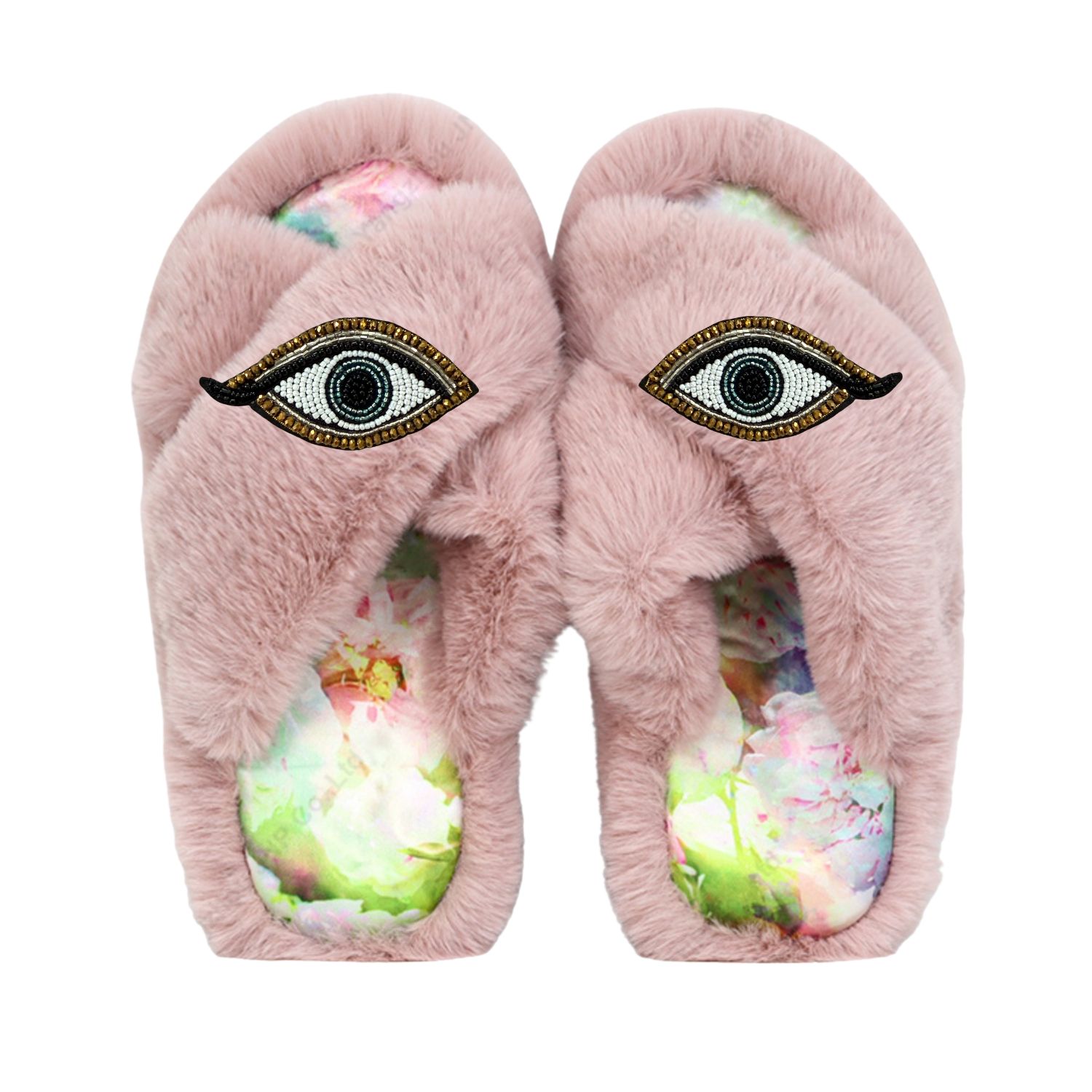 Women's Faux Fur Slippers - Global Recycled Standard Certified With Evil Eye Embellishment - Pink | Medium | Yomisma