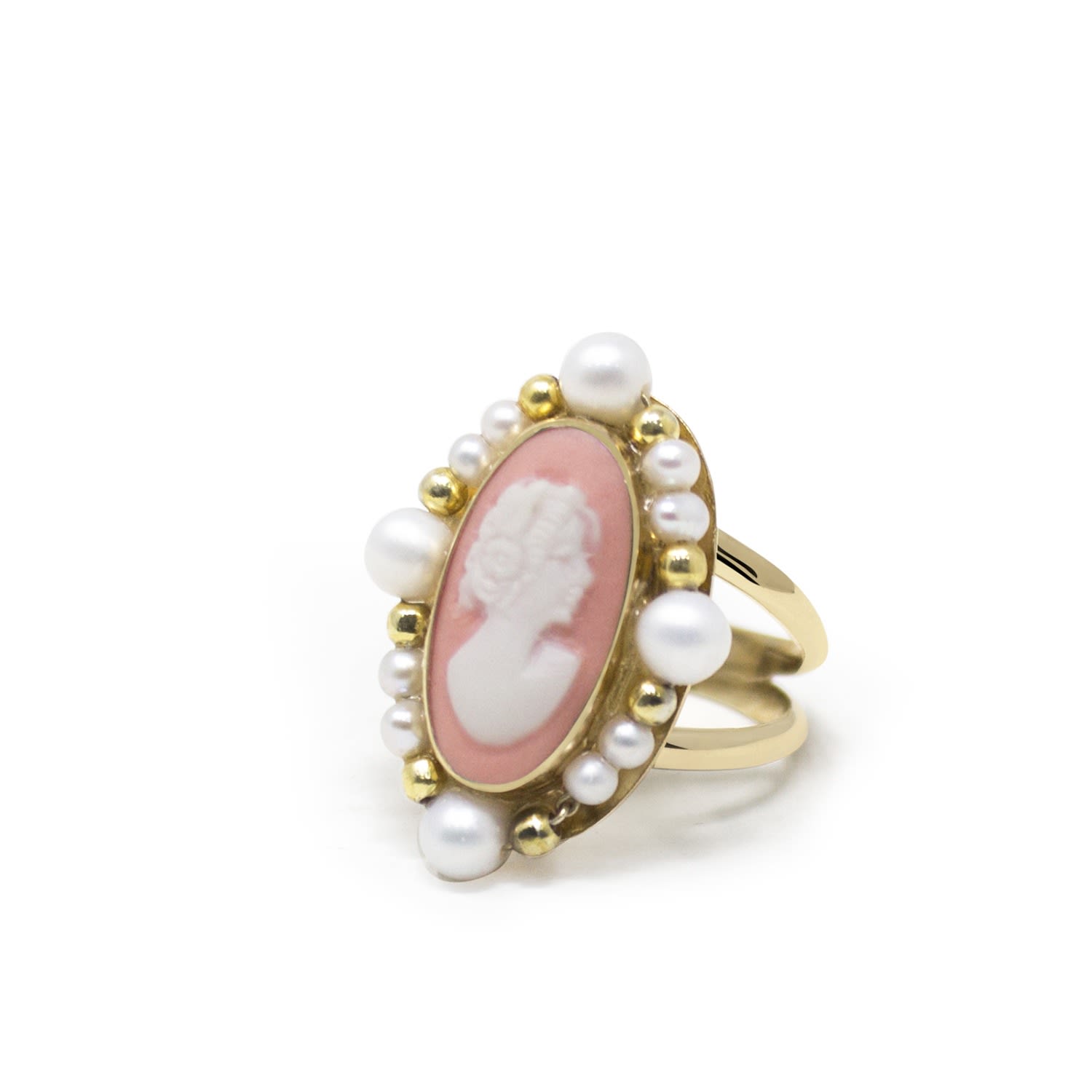 Vintouch Italy Women's White / Gold / Pink Ophelia Gold-plated Pink Cameo And Pearl Ring In Multi