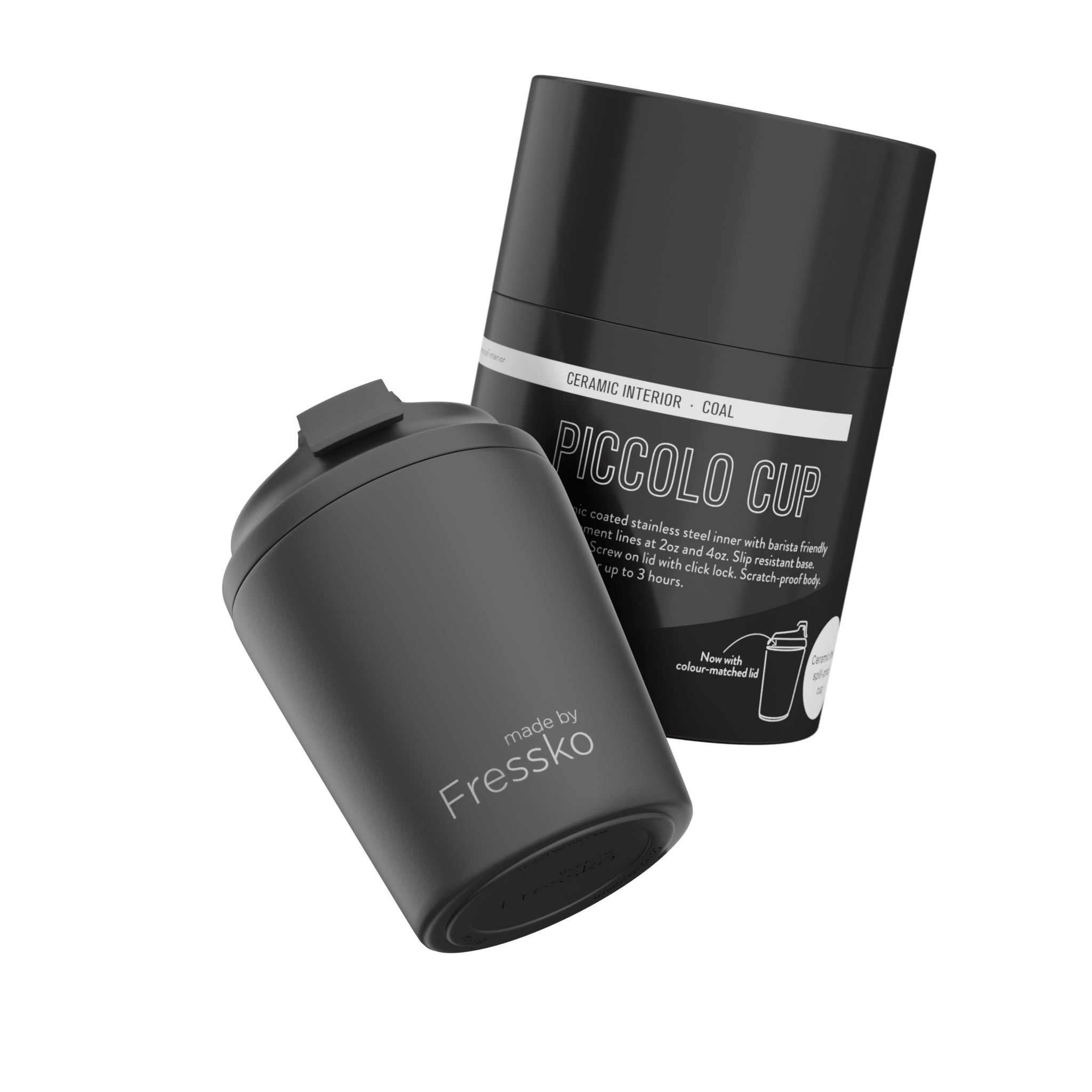 Fressko Black , Piccolo Reusable Coffee Cup, Ceramic, Coal In Black
