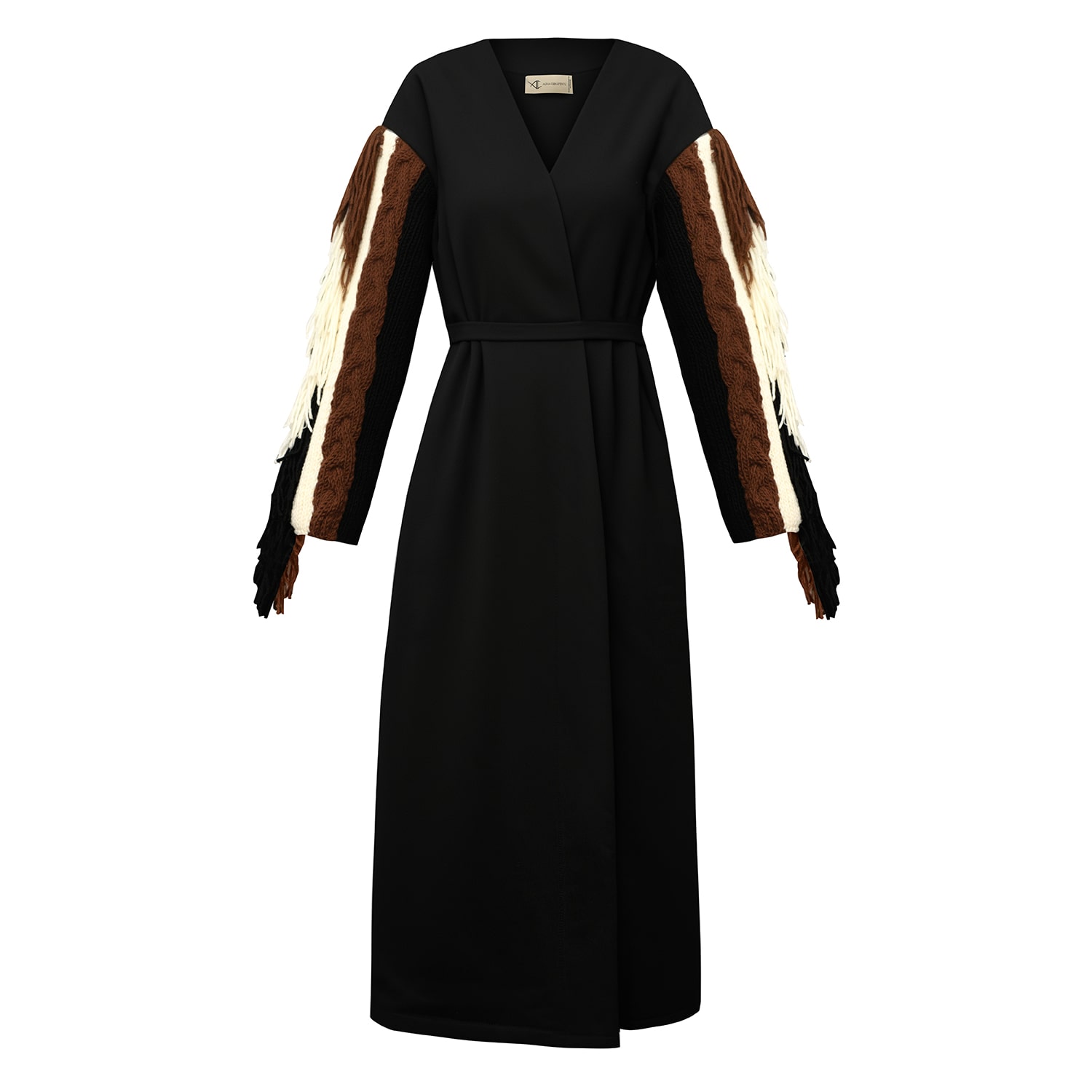 Alina Cernatescu Women's Black / Brown Totem Maxi Cotton Coat Black & Brown With Hand-knitted Wool Sleeves And Belt In Black