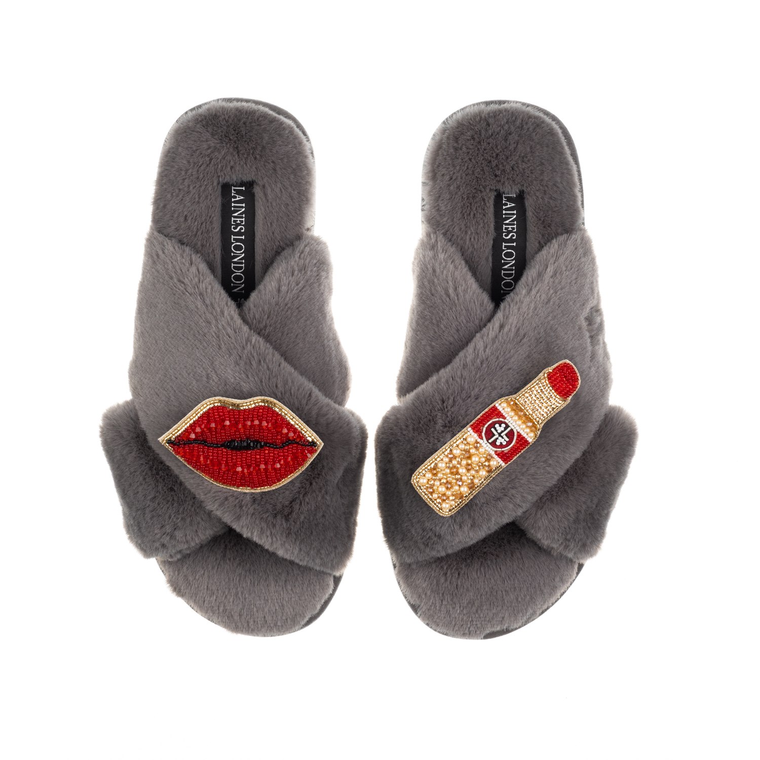Laines London Women's Classic Laines Slippers With Red Lipstick & Lips Brooches - Grey In Grey