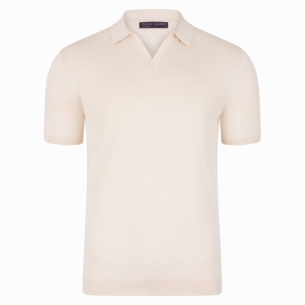 Paul James Knitwear Neutrals Men's Ultra Fine Cotton Nathan Buttonless Polo Shirt - Ecru In Beige