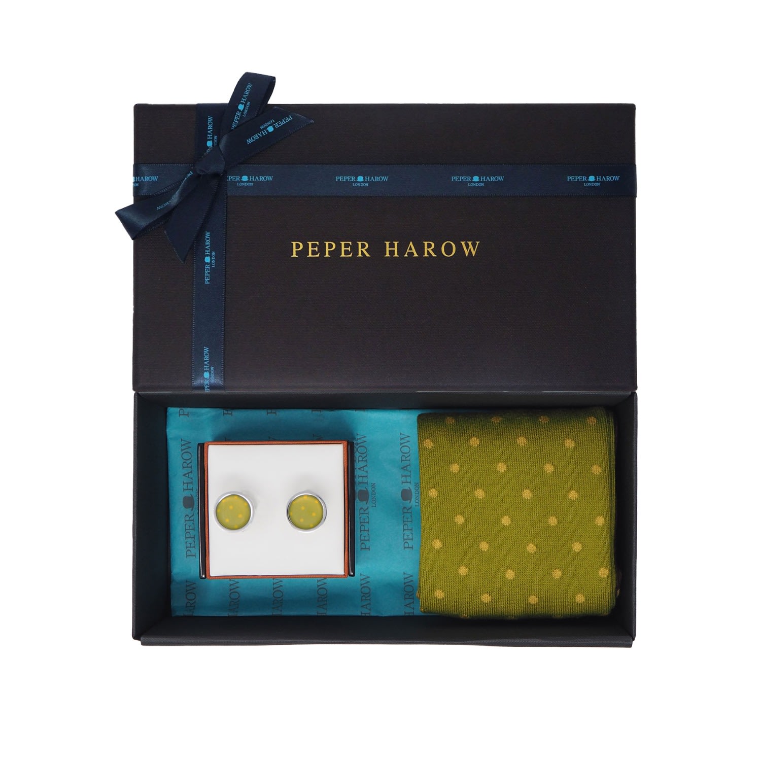 Green Olive Men’s Pin Polka Socks & Cufflink Gift Box One Size Peper Harow - Made in England