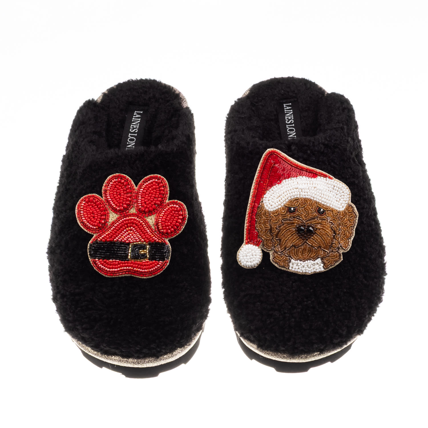 Laines London Women's Teddy Closed Toe Slippers With Christmas Brown Cockapoo & Paw Brooches - Black In Black