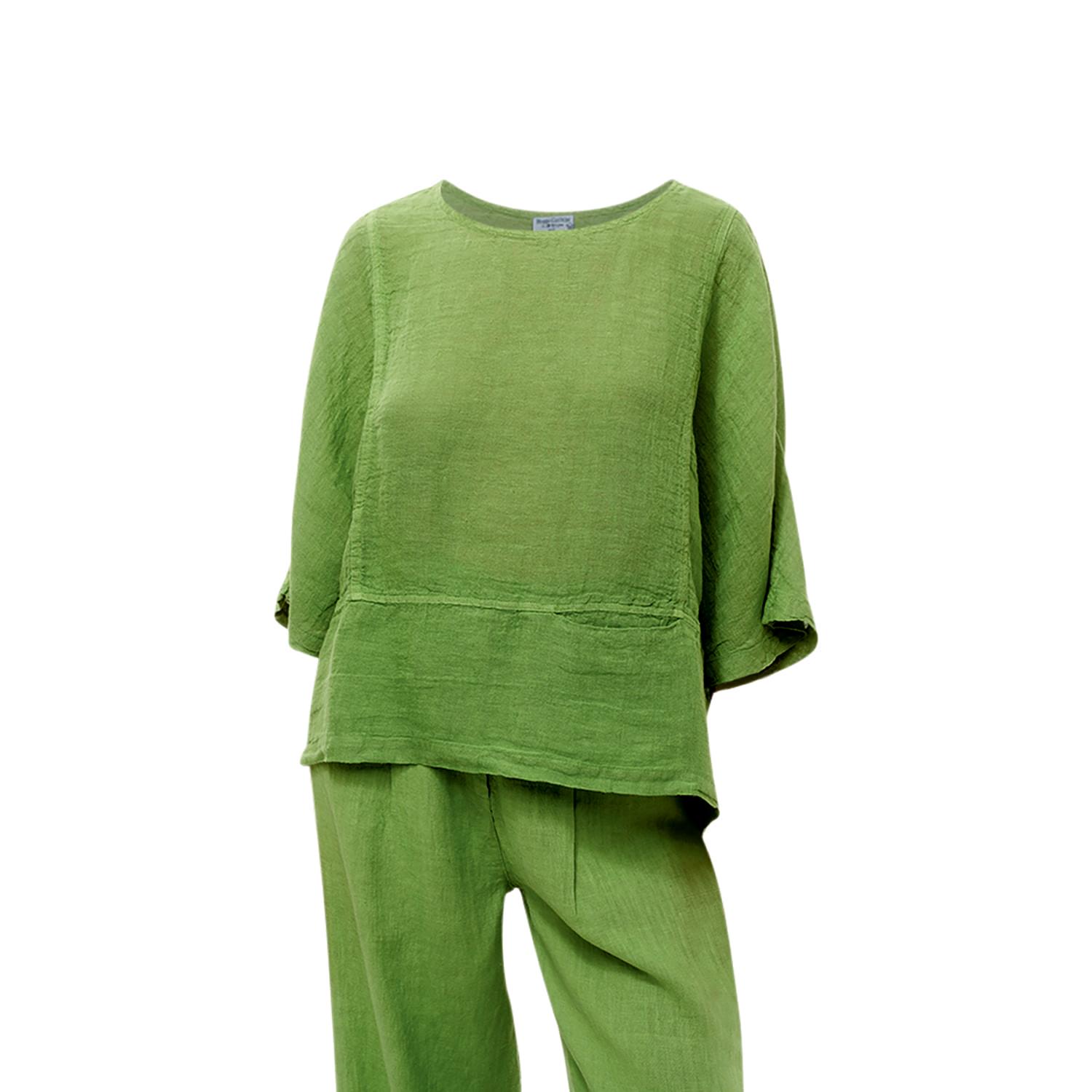 Haris Cotton Women's Green Round Neck Linen Blouse With Batwing Sleeve Avocado In Green
