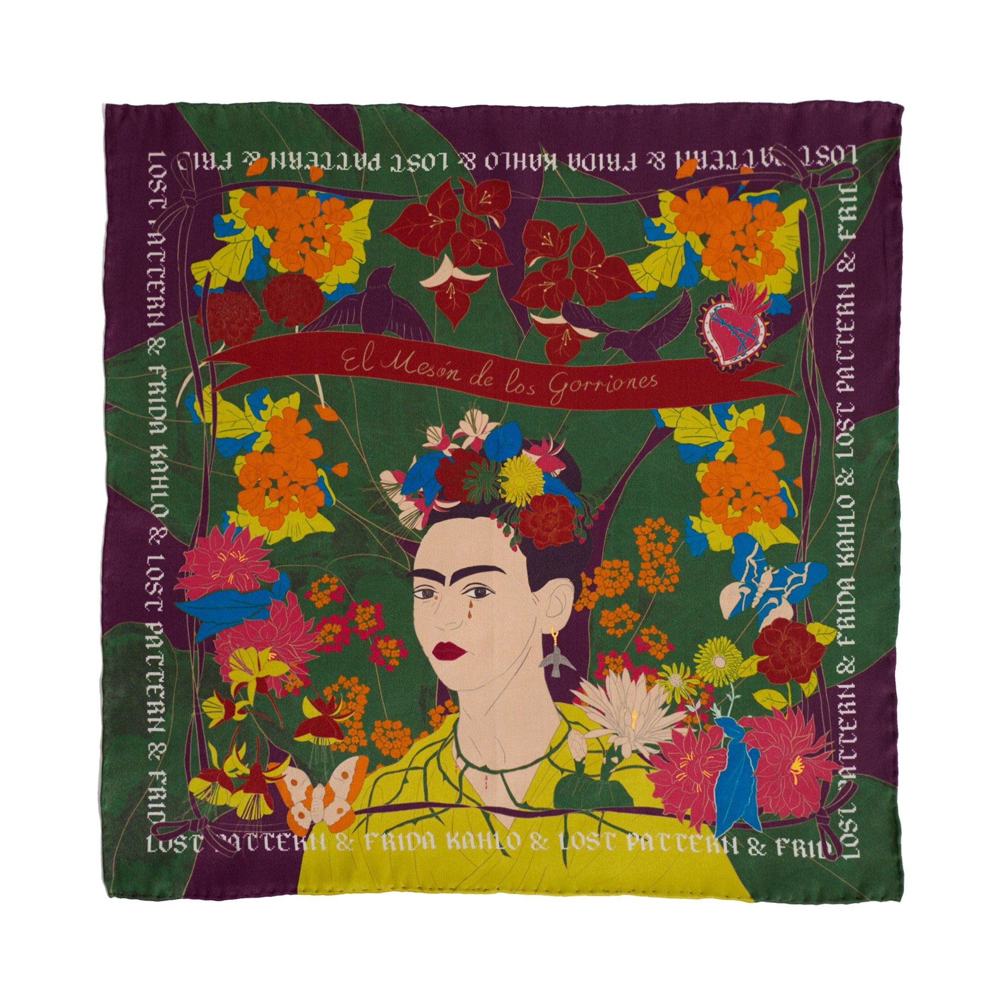 Lost Pattern Nyc Men's Black Los Amores De Frida Silk Pocket Square - Dark Green In Black