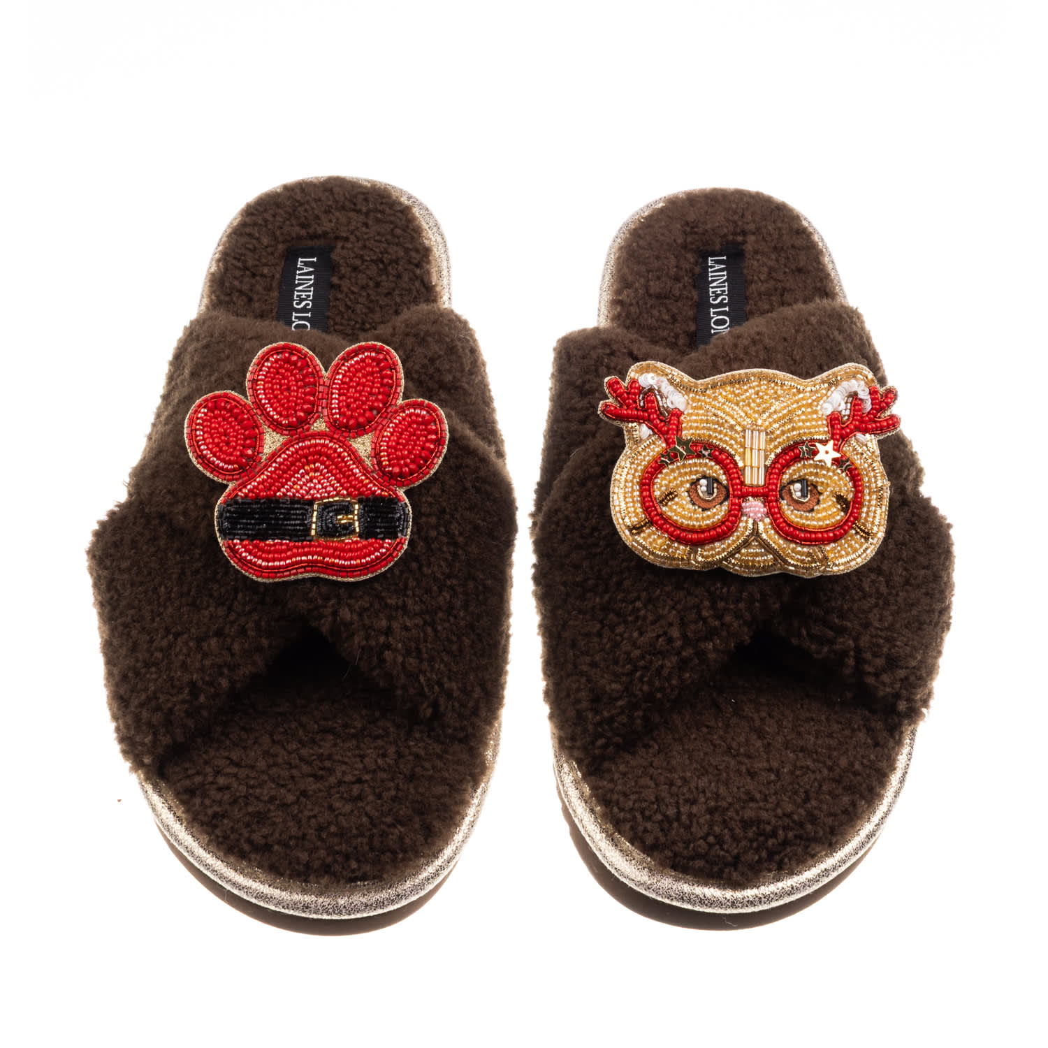 Laines London Women's Brown / Neutrals Laines Neutral Boucle Slippers With Christmas Golden British Shorthair Cat  In Brown