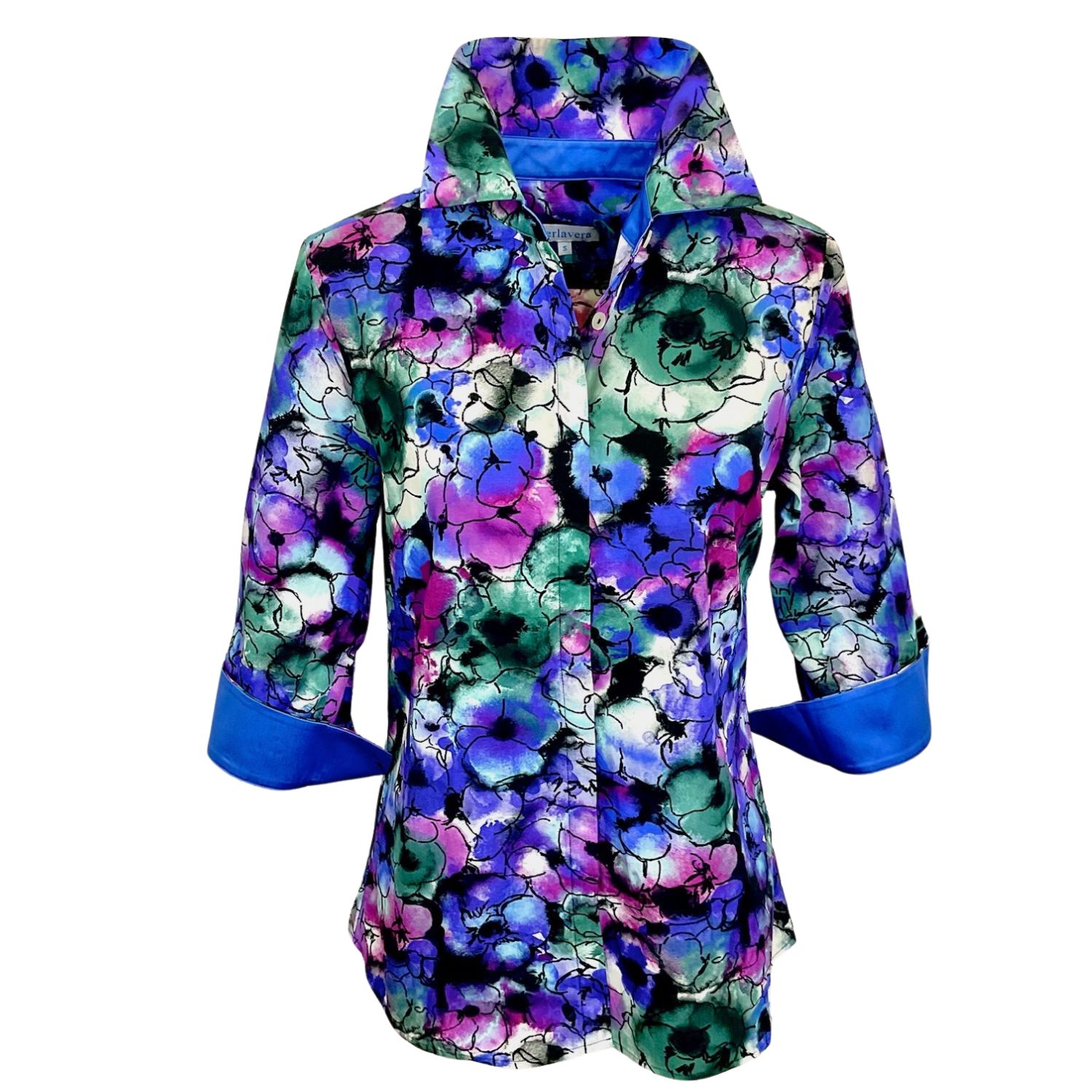 Perlavera Women's Cindy Bloom Purple Printed Three Quarter Sleeve Regular Slim Shirt In Purple