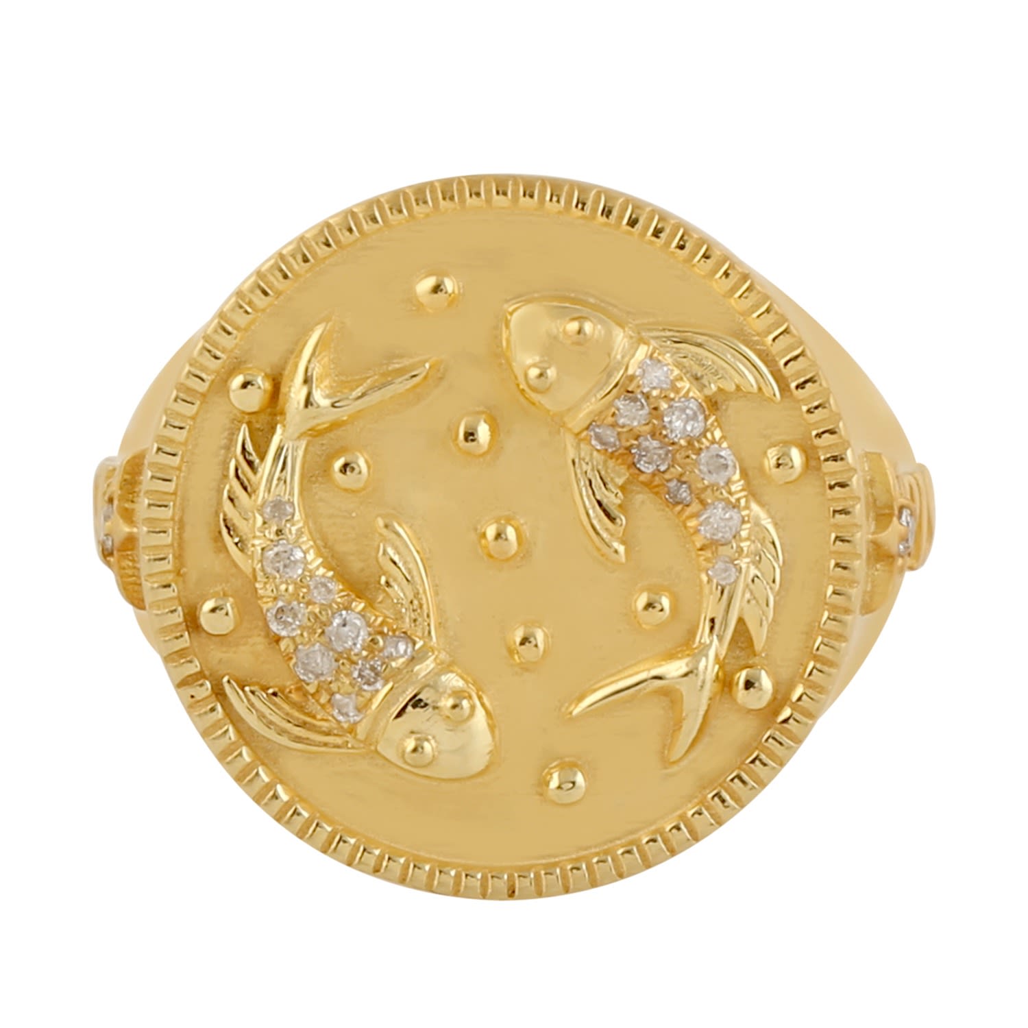 Artisan Women's White / Yellow Natural Diamond Pisces Horoscope Signet Ring In Gold In Gold
