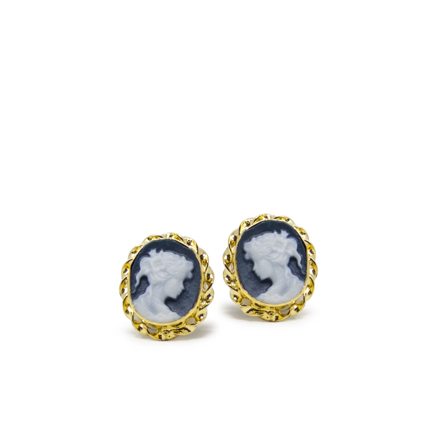 Women’s Gold-Plated Black Mini Cameo Stud Earrings Vintouch Italy