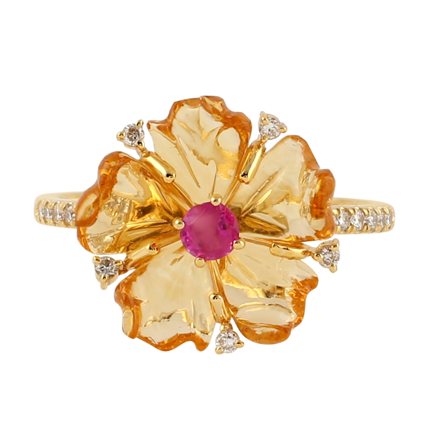 Women’s Yellow / Orange / Gold Mix Stone Ruby 18K Yellow Gold Rings Natural Diamond Flower Design Artisan