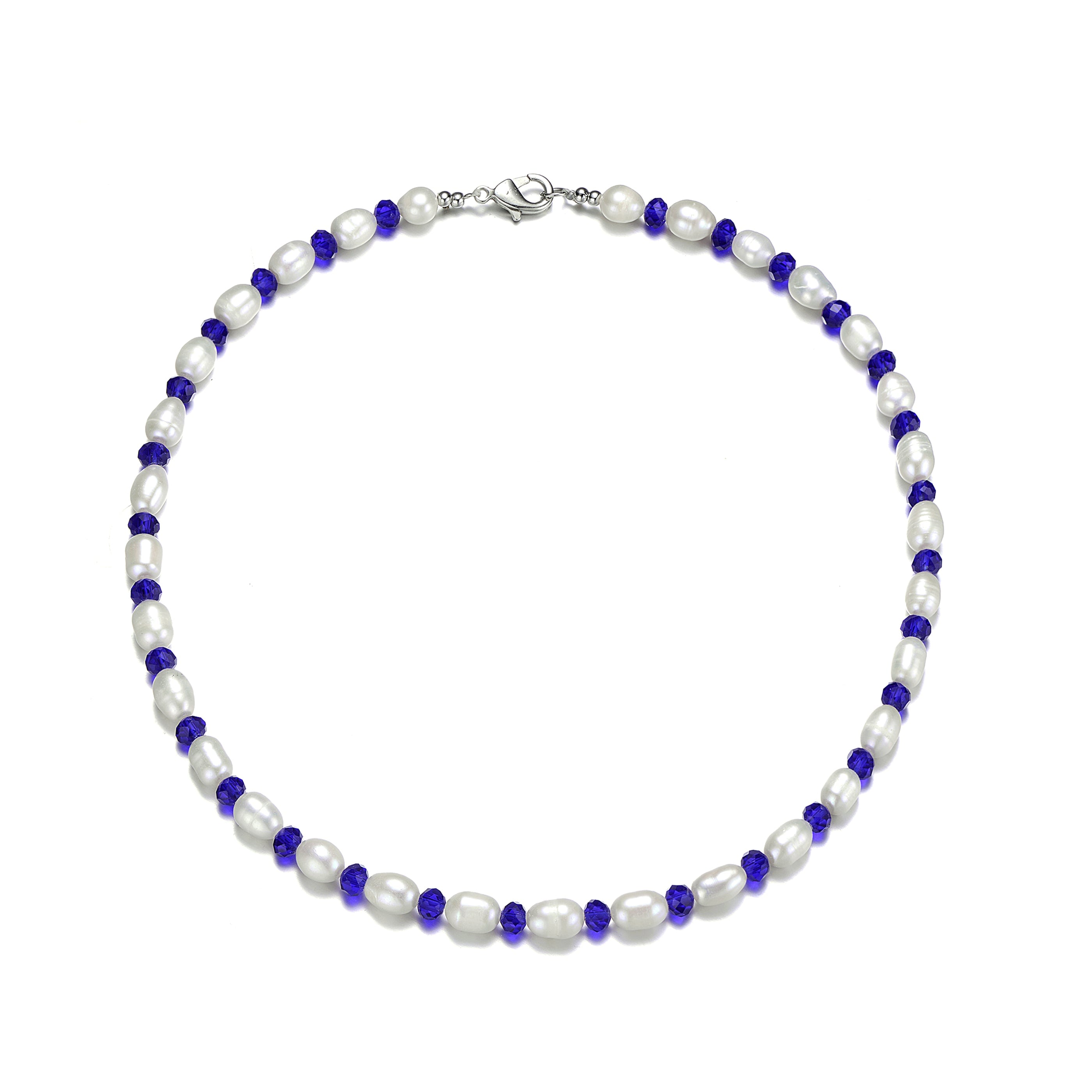 Genevive Jewelry Women's Sterling Silver White Gold Plated With Blue Cubic Zirconia & White Bead Necklace In Blue