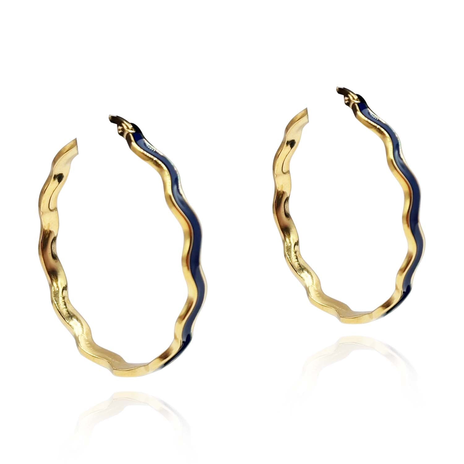 Michael Nash Jewelry Women's Blue Navy Enamel And Gold Wavy Hoop Earrings
