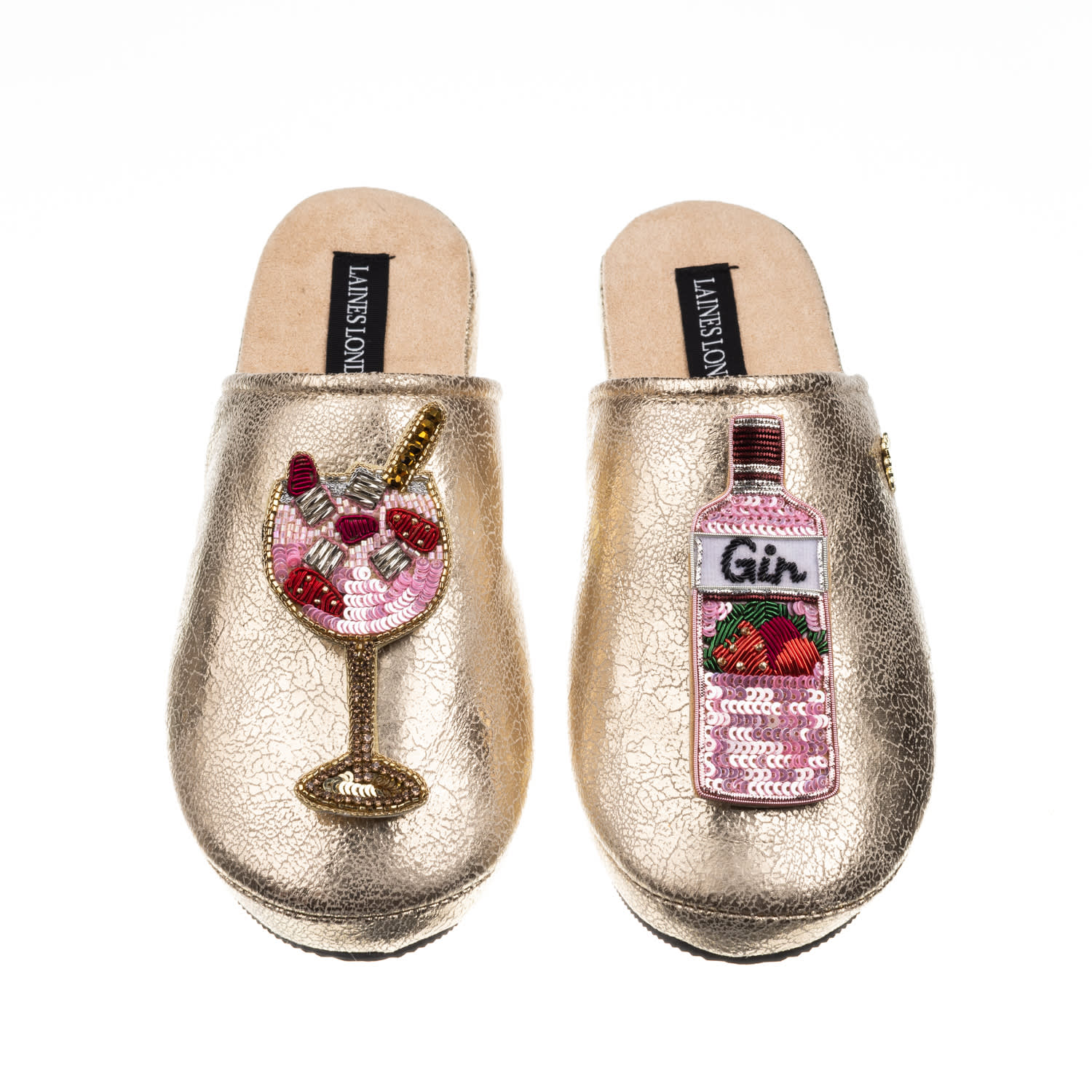 Laines London Women's  Gold Softie Slippers With Pink Gin Brooches In Gold