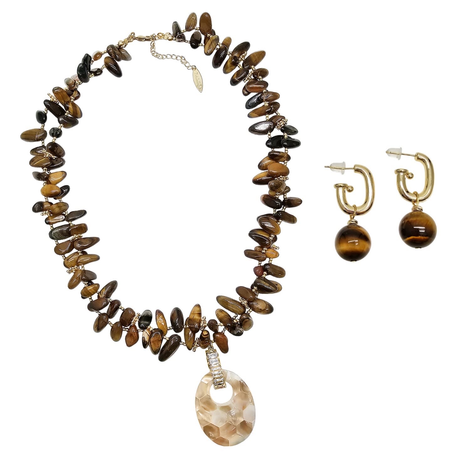 Farra Women's Brown Classical Tiger Eye With Shell Pendant Necklace And Earrings Jewelry Set In Brown