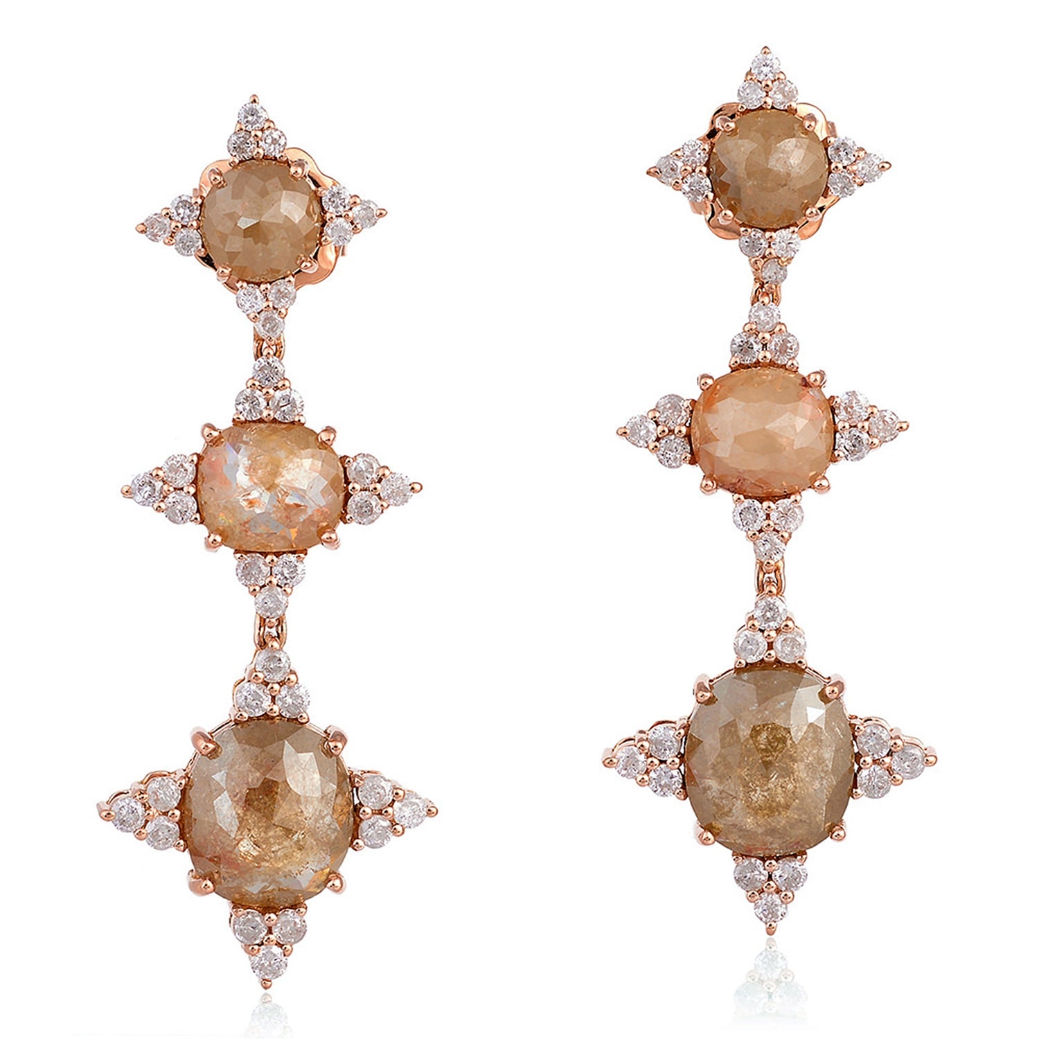 Artisan Women's Rose Gold / Brown 18k Rose Gold Dangle Earrings Prong Natural Ice Diamond