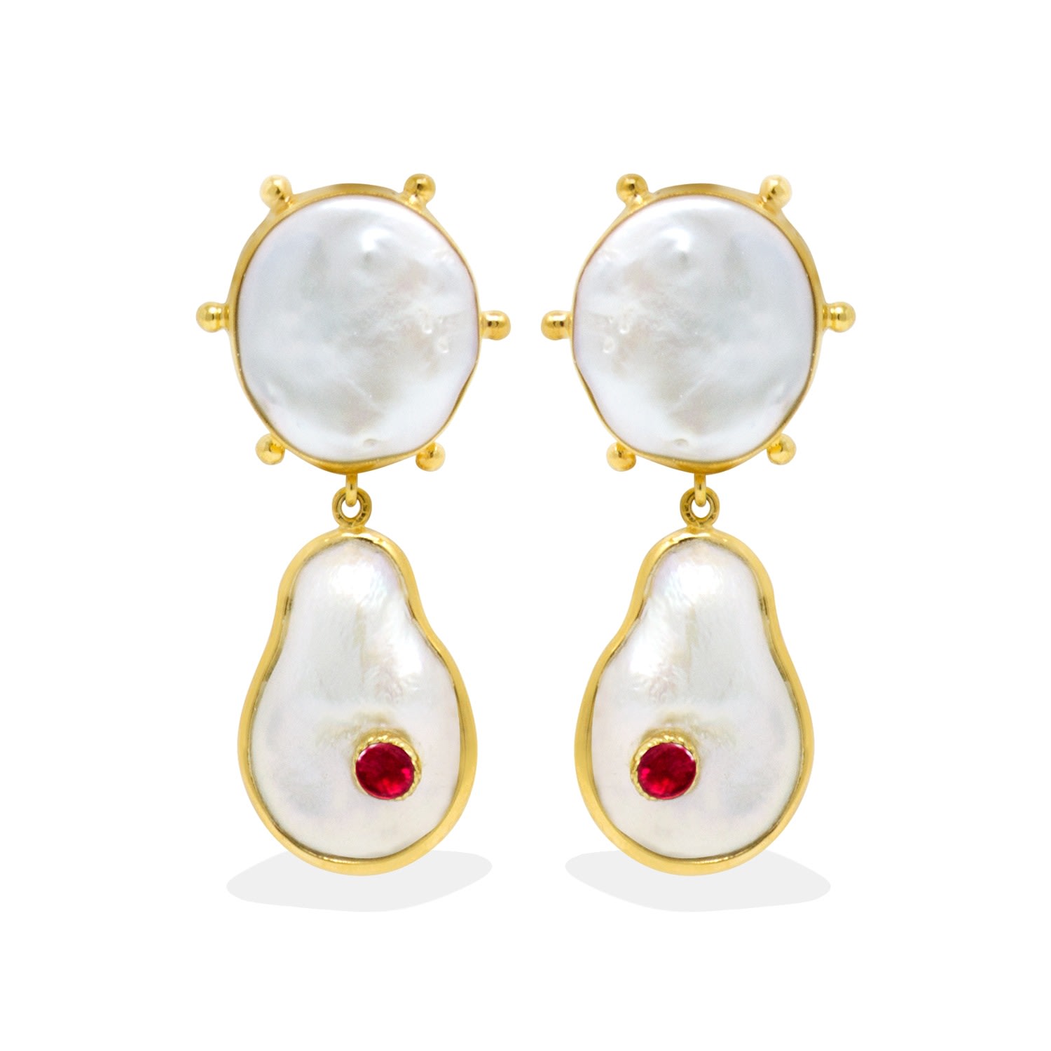 Women’s Gold Rebel Rebel Pearl & Ruby Statement Earrings Vintouch Italy