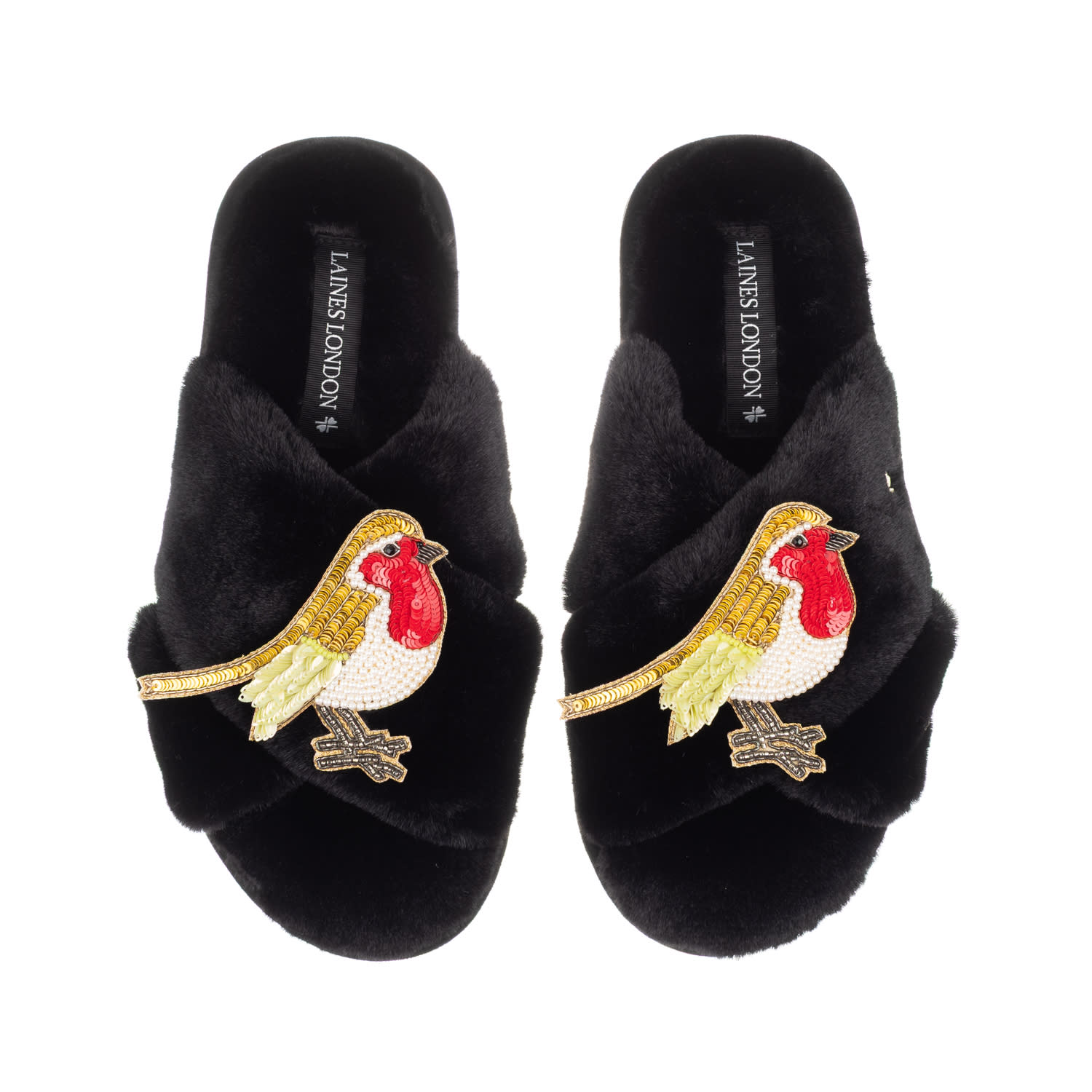 Laines London Women's Classic Laines Christmas Collection Slippers With Double Robin Brooches - Black In Black