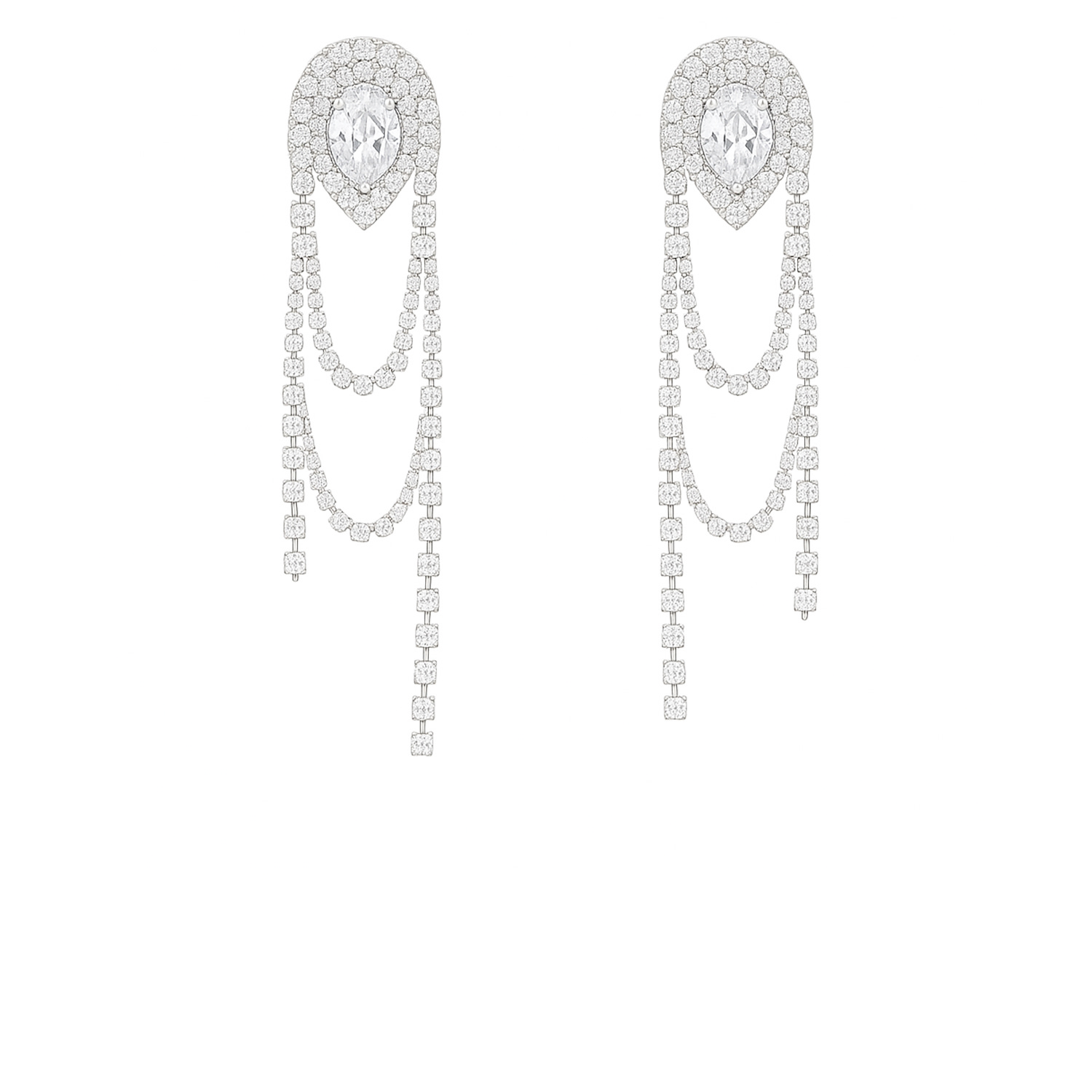 The Gala Women's Silver Pear Halo Draped Fringe Earrings In Multi