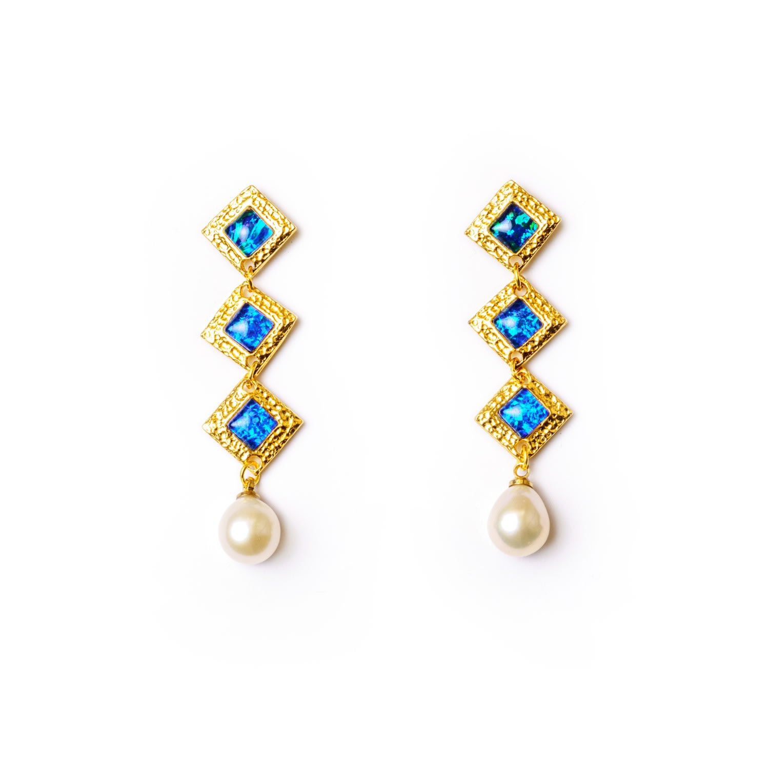 Women’s Gold / Green / Blue Sahara Tiered Drop Opal Gold Earrings With Freshwater Pearl Eunoia Jewels