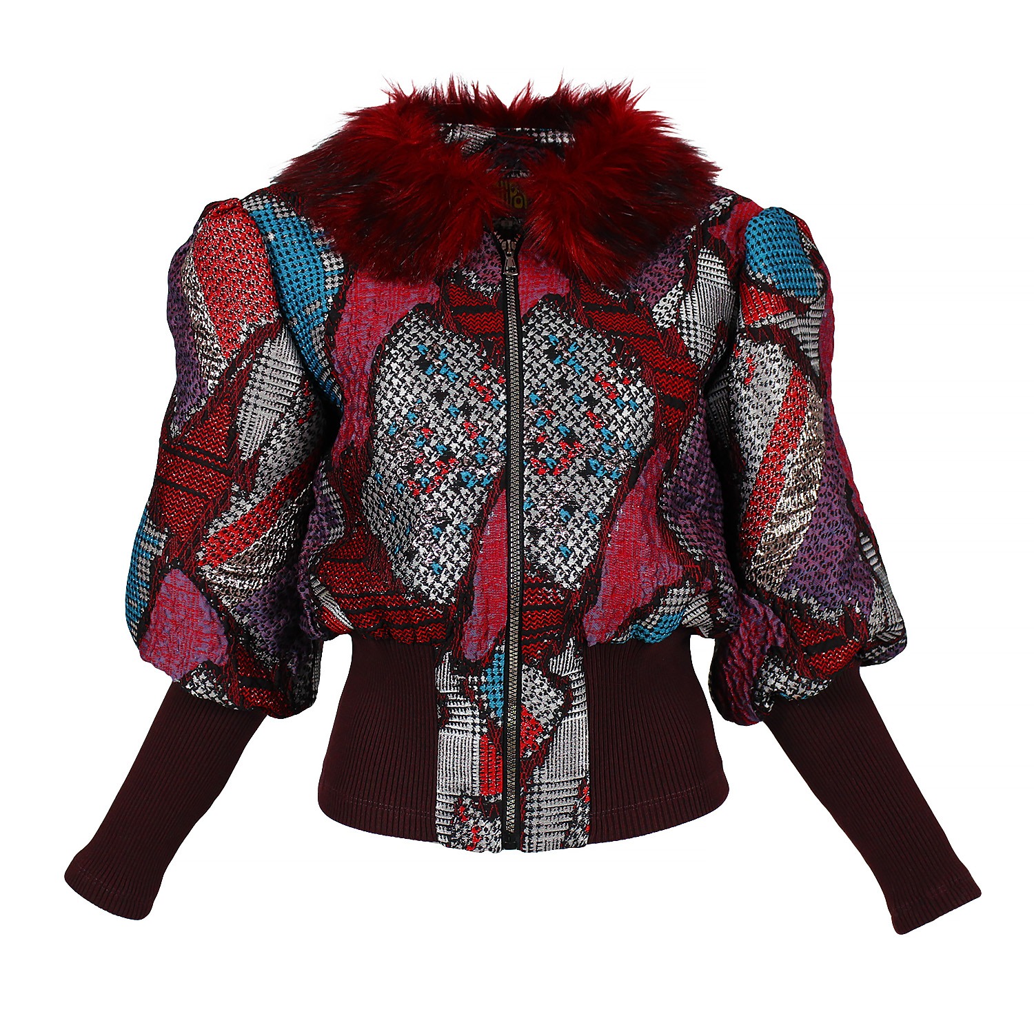 Lalipop Design Women's Jacquard Bomber Jacket With Faux Fur Collar In Multi