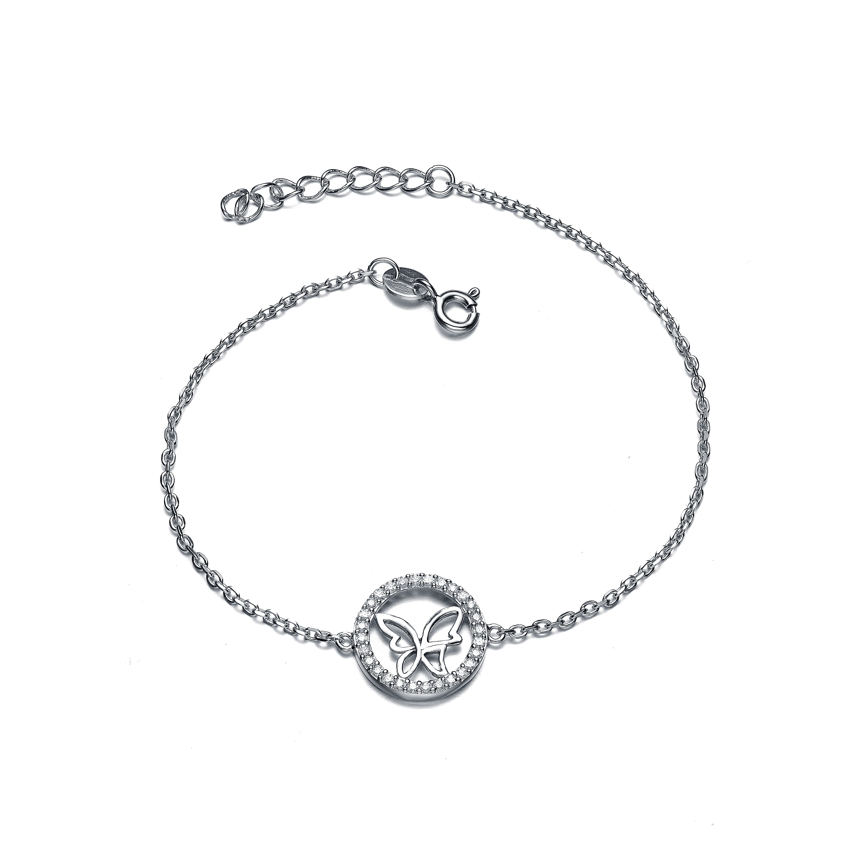 Genevive Jewelry Women's White / Silver Sterling Silver Clear Cubic Zirconia Circle Frame Butterfly Bracelet In Multi