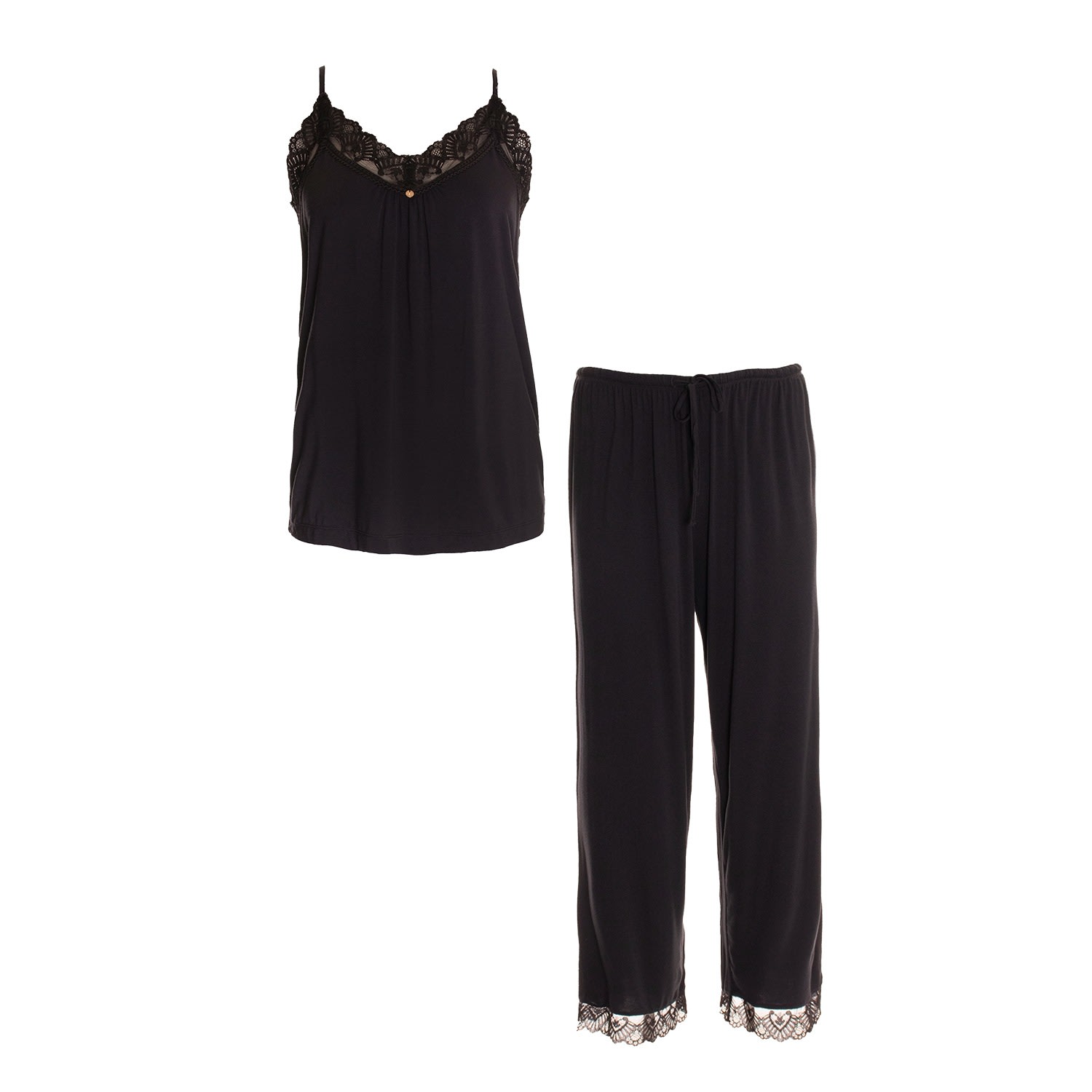 Pretty You Women's Black Bamboo Lace Cami Cropped Trouser Set In Raven In Black