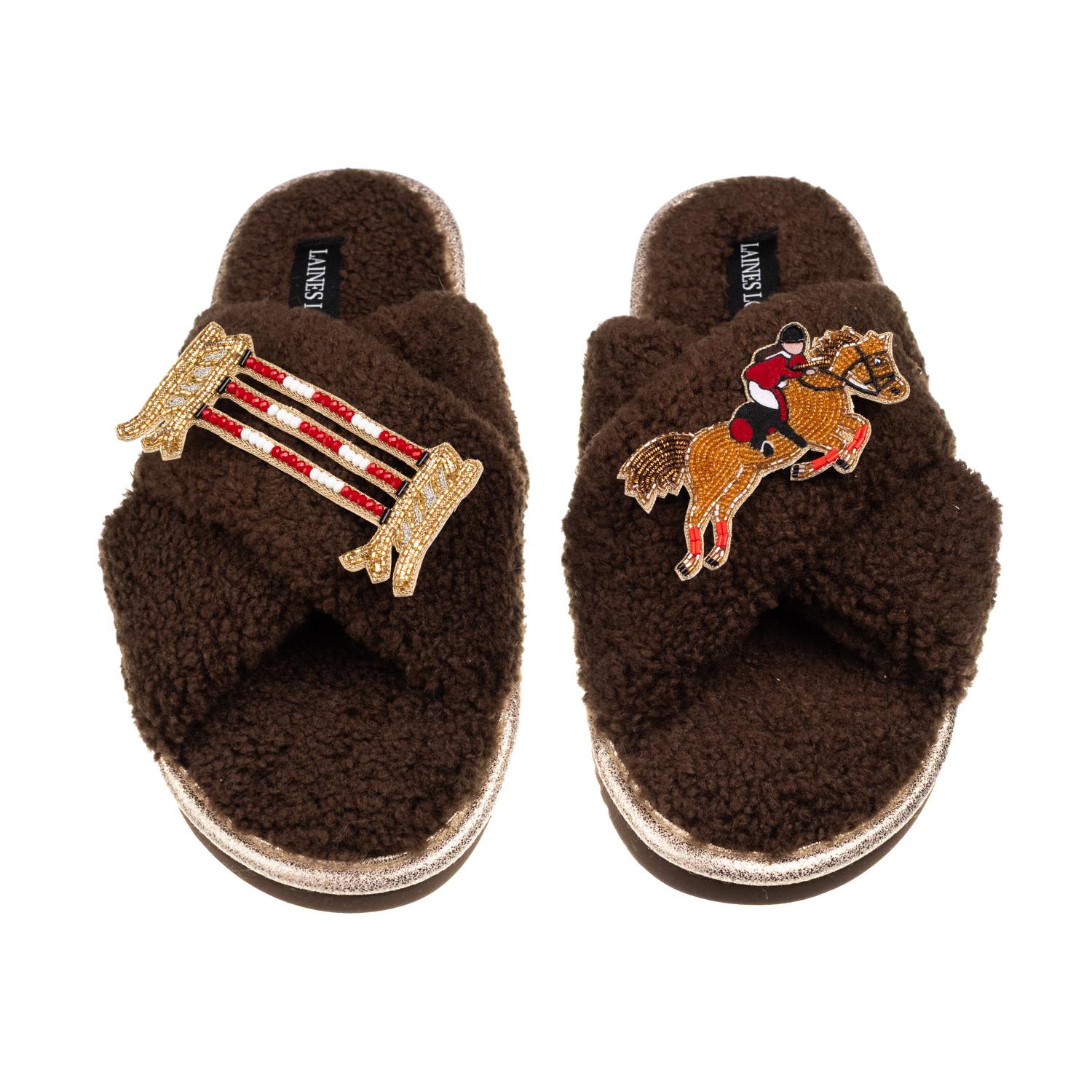 Laines London Women's Brown / Neutrals Laines Neutral Boucle Slippers With Show Jumper Brooches - Chocolate