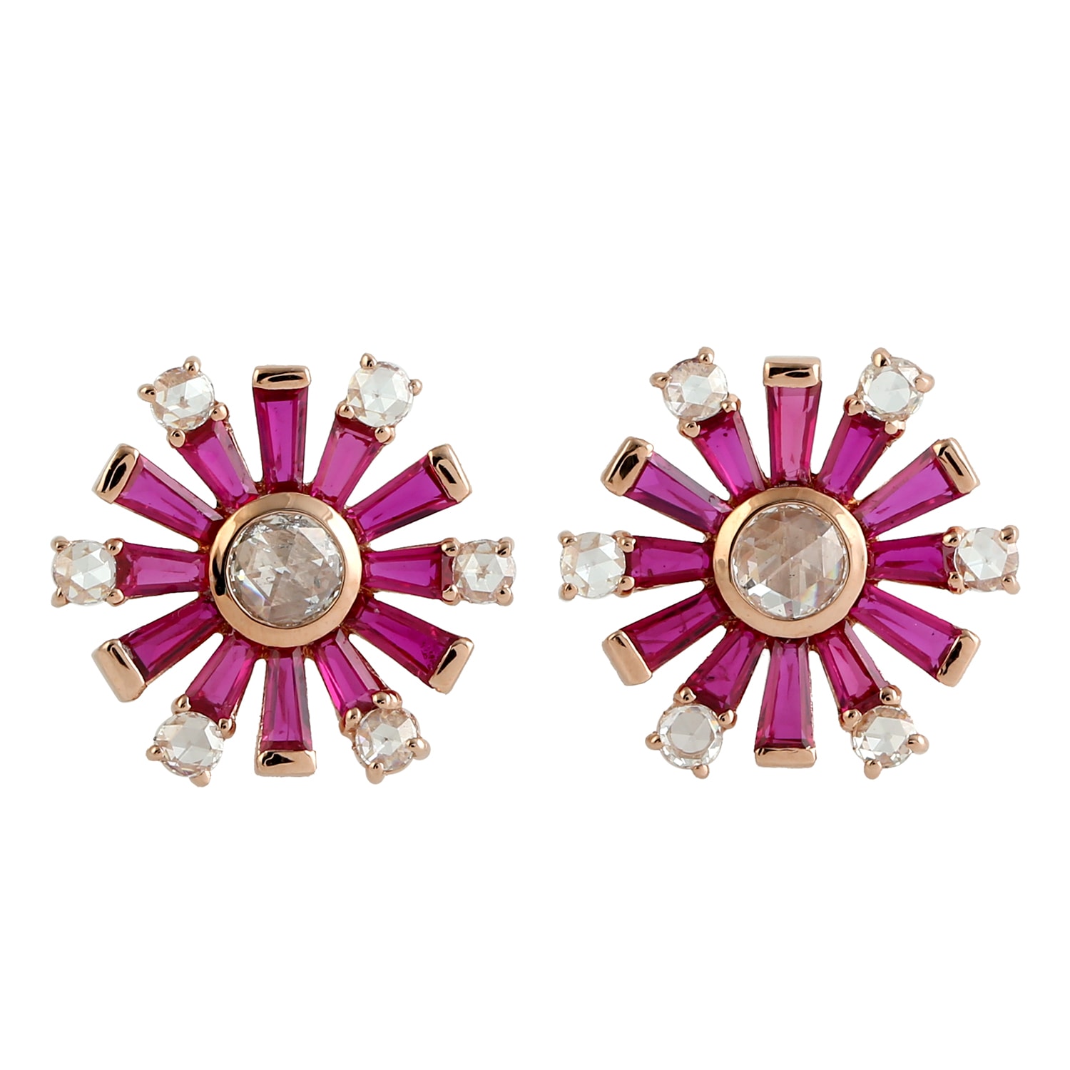 Artisan Women's White / Orange Baguette Ruby & Diamond Stud Earrings In 18k Rose Gold In Pink