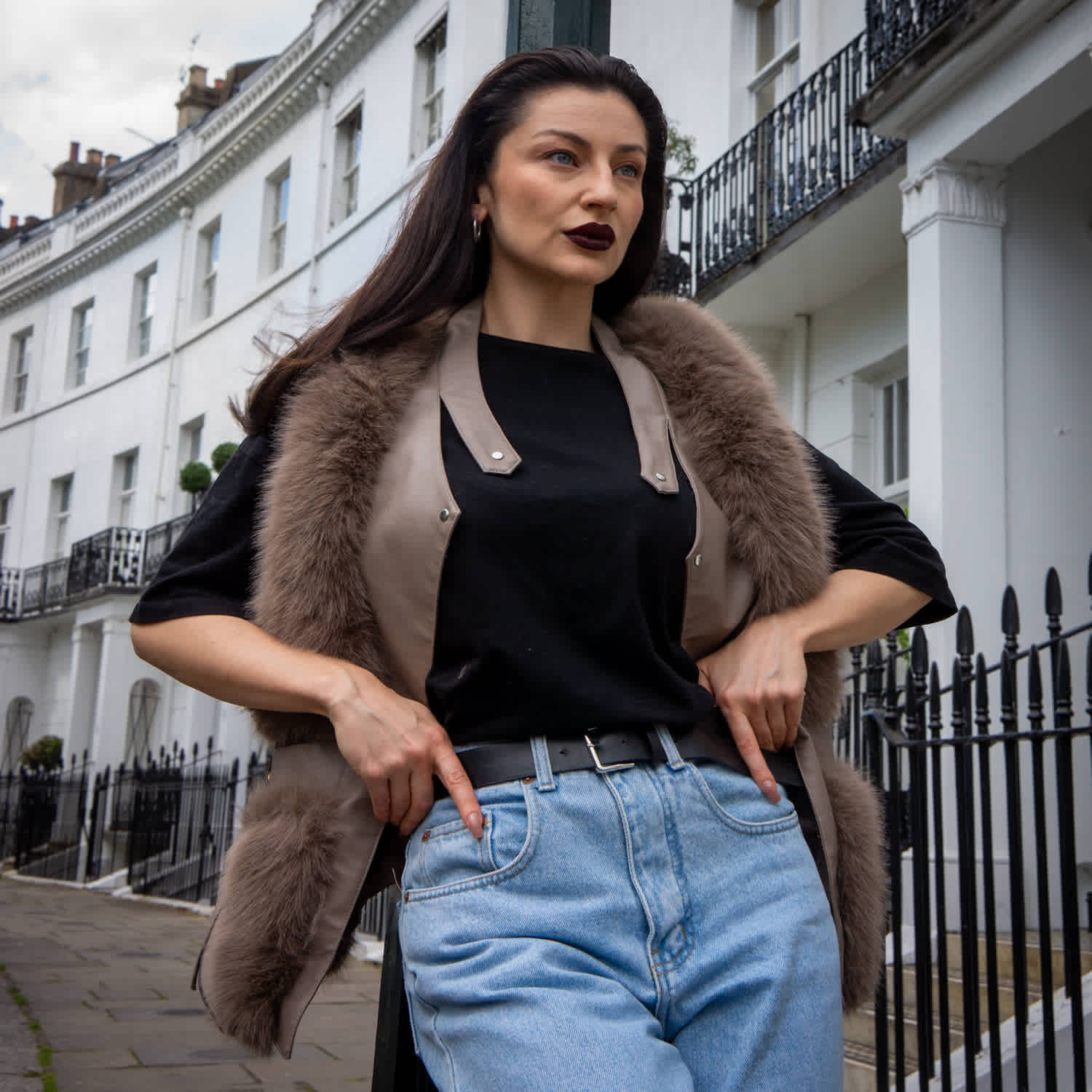 Galaxy Brown Vest Eco Fox Fur Friendly Zipper | WJY STUDIO LONDON