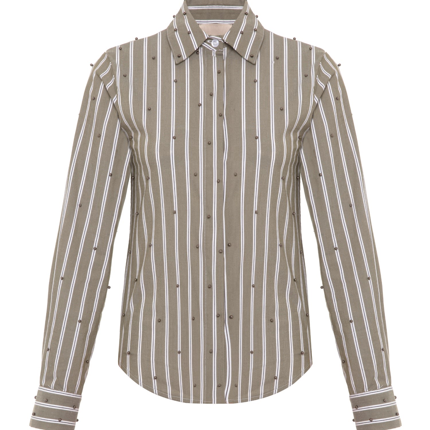 Theo The Label Women's Green Echo Mix Stripe Pearly Shirt - Tapenade / Gunmetal In Multi