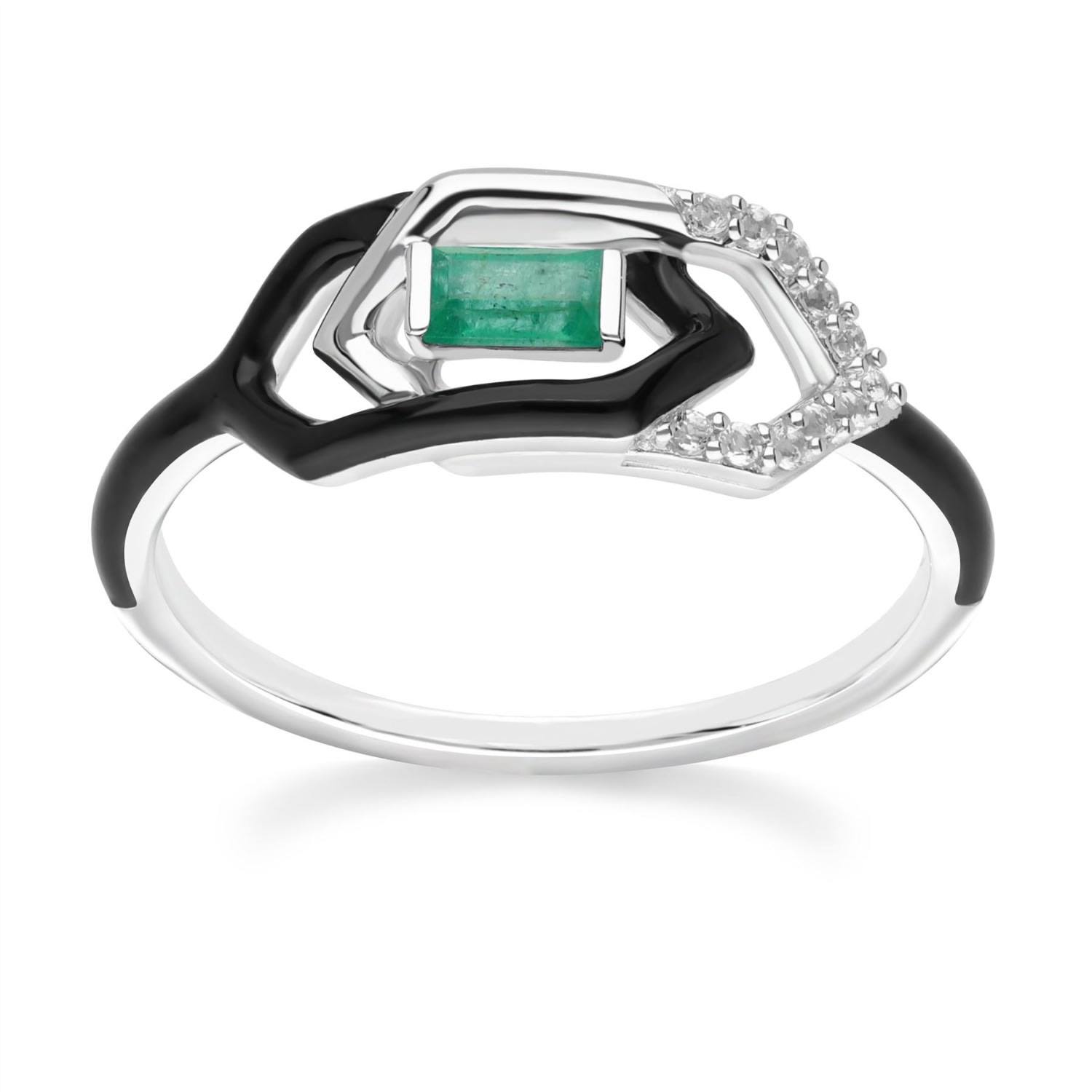 Women’s Green Grand Deco Enamel, White Topaz & Emerald Link Ring In 9Ct White Gold Gemondo