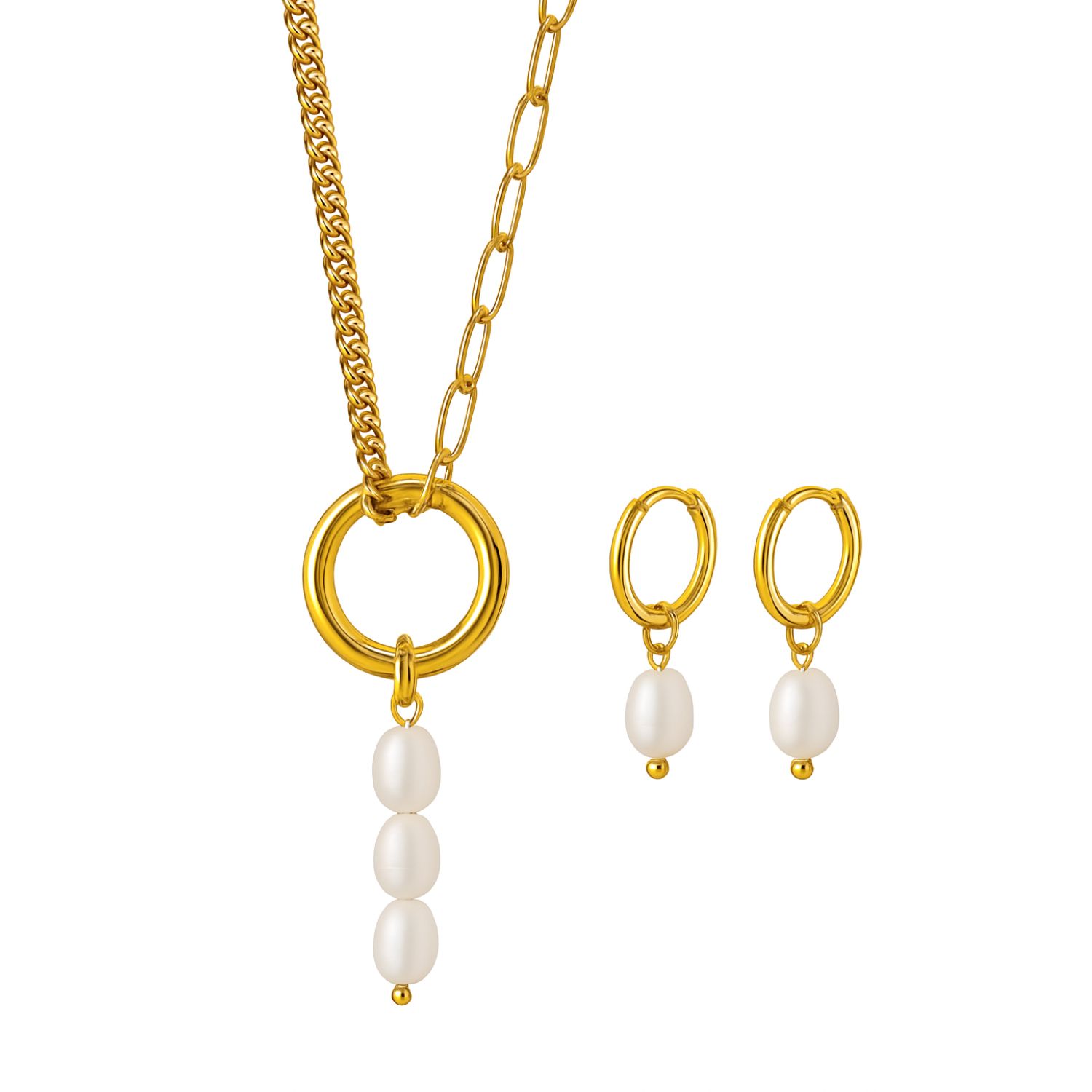 My Little Nature Women's Gold / White Gold Plated Pearl Necklace And Earrings Set – Handmade Freshwater Pearl Jewelry In Gold