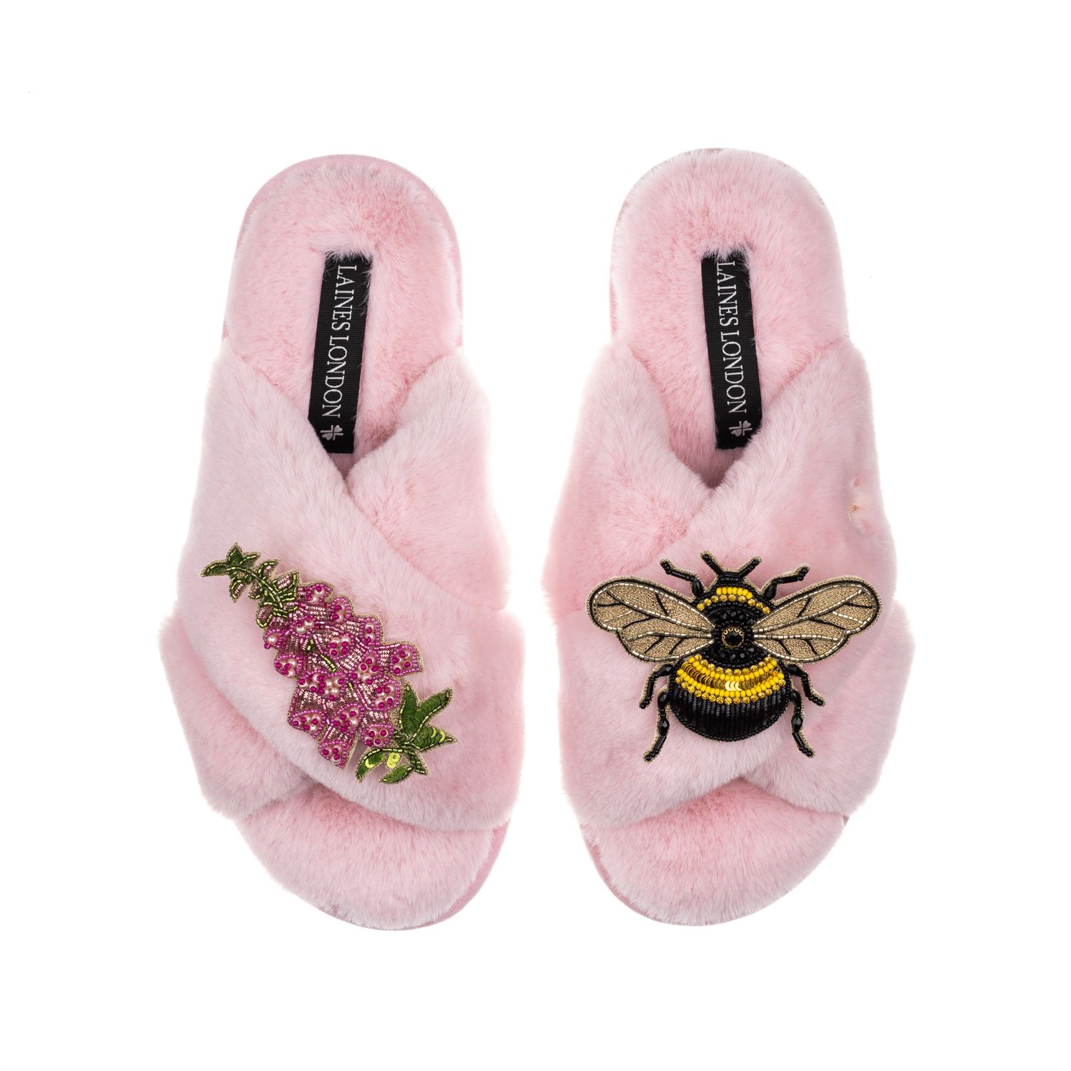 Laines London Women's Pink / Purple Classic Laines Slippers With Honey Bee & Pink Foxglove Flowers Brooches - Pink In Pink/purple